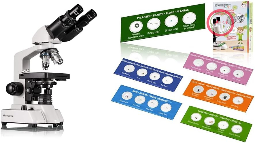 بزرگنمایی Bresser Bino 40x-1000x برای کاربران مشکل‌پسند و مجموعه آزمایش میکروسکوپ نوجوانان با 24 اسلاید دائمی از حیوانات، گیاهان، حشرات، الیاف و گرده