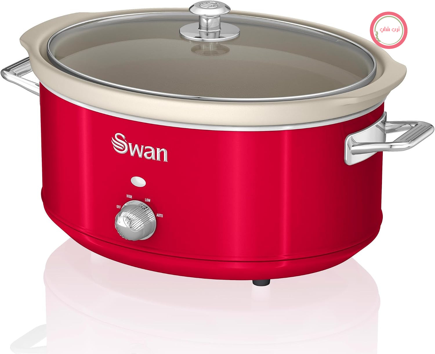 پلوپز آرام‌پز سوان انگلستان Swan Retro SF17031RNEU، 6.5 لیتر، قابلمه جداشدنی، روکش نچسب، سرامیک، بدون PFOA و PTFE، 3 تنظیم دما، درب شیشه‌ای، آرام‌پز، طراحی قدیمی، قرمز، 320 وات
