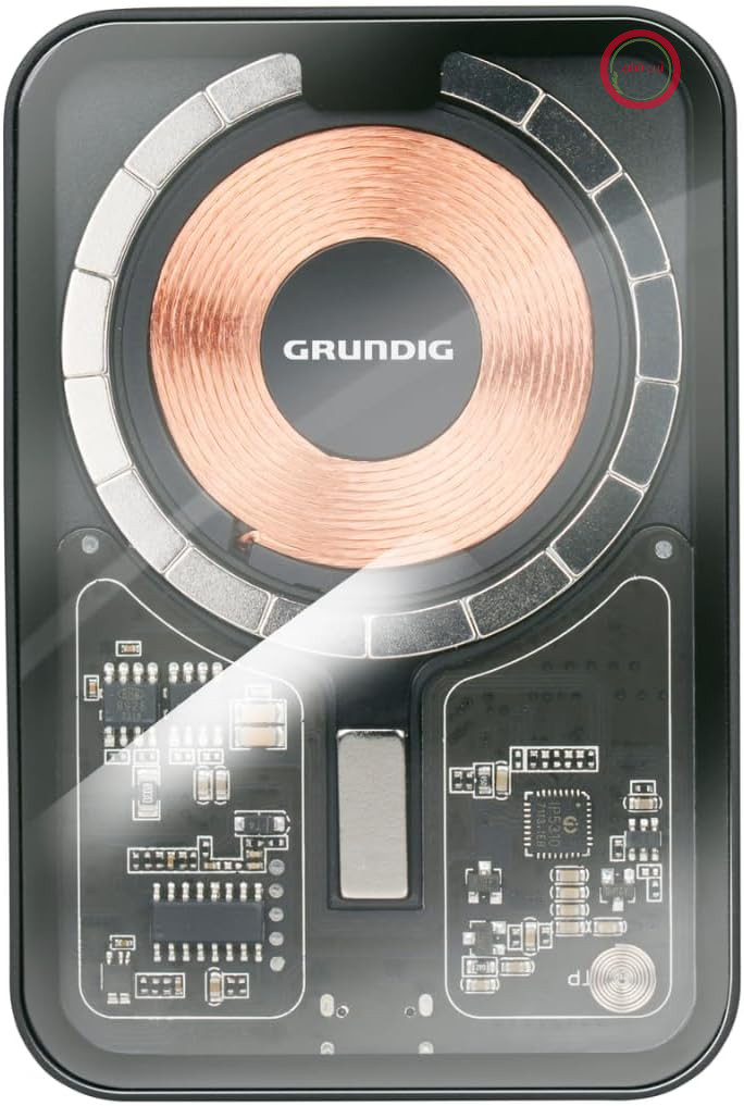 پاوربانک بی‌سیم Grundig شفاف ۵۰۰۰ میلی‌آمپر ساعت - باتری خارجی با ورودی و خروجی USB-C - شارژ بی‌سیم - MagSafe سازگار با آیفون ۱۲ و بالاتر - جمع و جور - شامل کابل Type-C