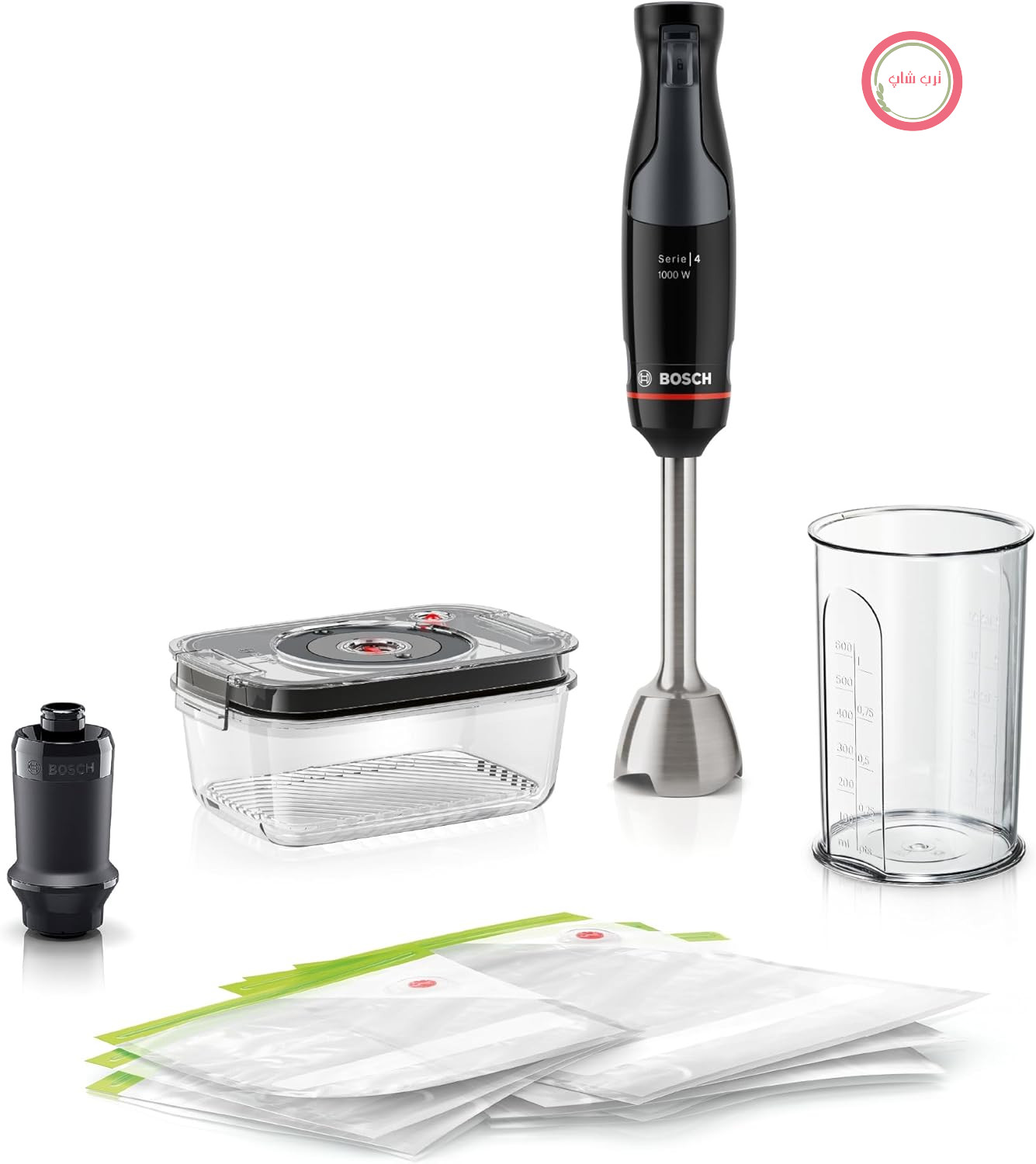مخلوط کن دستی Bosch ErgoMaster سری 4 MSM4B6V2، نو، قابلیت کار با یک دست، پمپ خلاء، کیسه خلاء، جعبه خلاء شیشه‌ای، 4 تیغه استیل ضد زنگ، کوپلینگ سرامیکی ضد سایش، قفل ایمنی، 1000 وات، مشکی