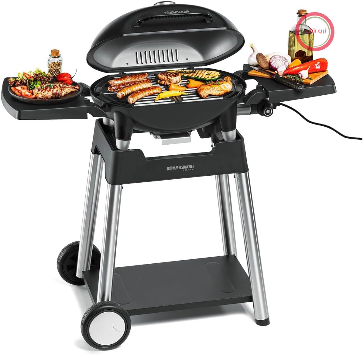 گریل باربیکیو برقی روملزباخر آلمان Rommelsbacher مدل BBQ 4100/S با درب لولایی و پایه چرخ‌دار