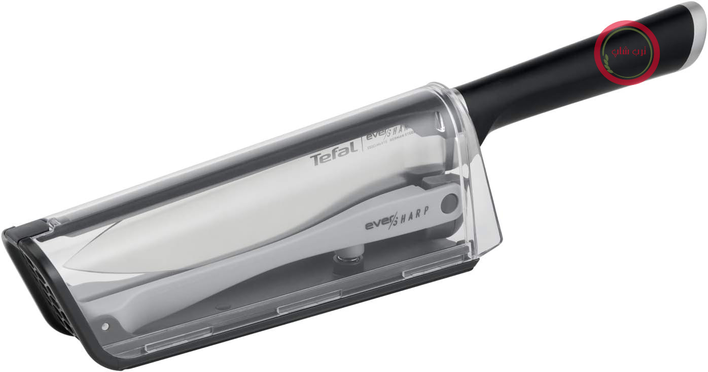 چاقوی سرآشپز Tefal K25690 Ever Sharp + چاقو تیزکن، چاقوی سرآشپز 16.5 سانتی‌متری، فناوری تیز کردن اختصاصی، بادوام، فولاد ضد زنگ آلمانی، چاقوی آشپزخانه با دسته راحت، سیستم قفل، مشکی/نقره‌ای