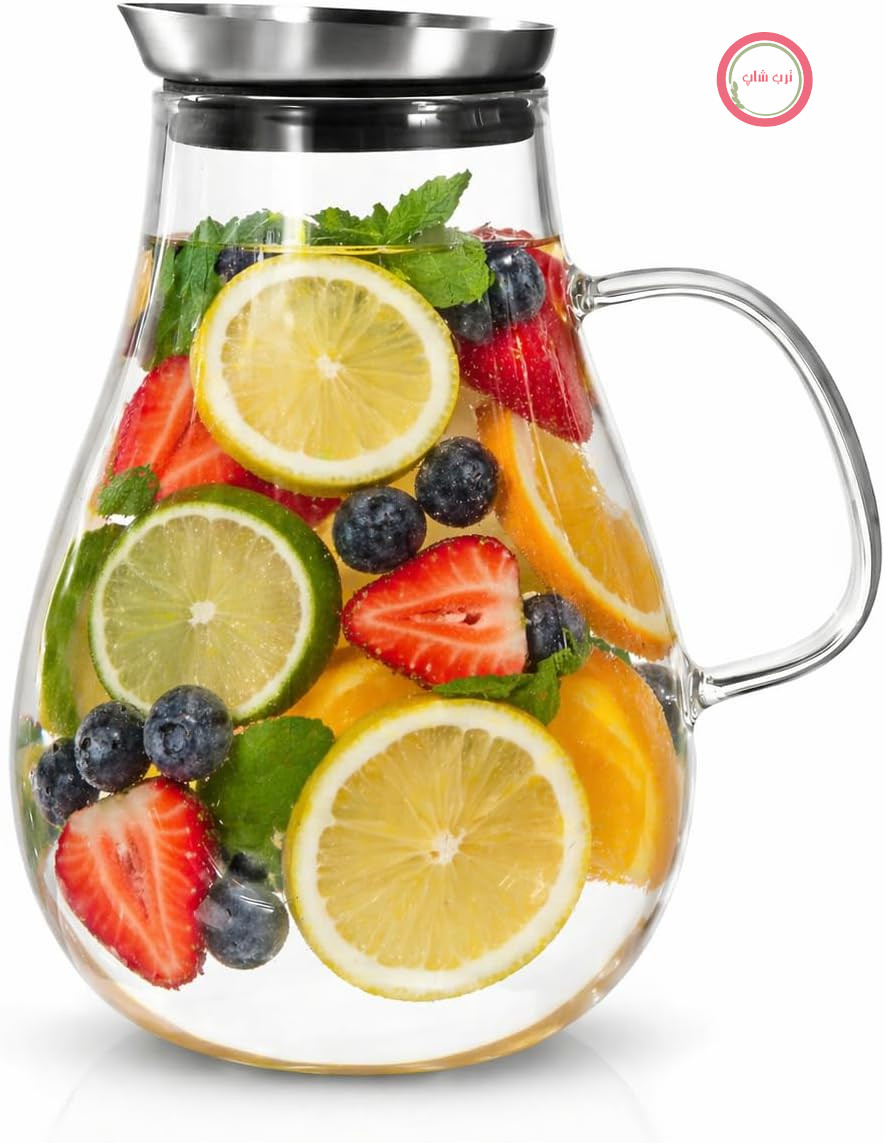 پارچ آب و نوشیدنی شیشه ای آرندو آلمان Arendo با درب استیل و فیلتر درشت یکپارچه، پارچ شیشه‌ای بوروسیلیکات ۲.۵ لیتری، محدوده دما -۲۰ درجه سانتیگراد تا +۱۵۰ درجه سانتیگراد