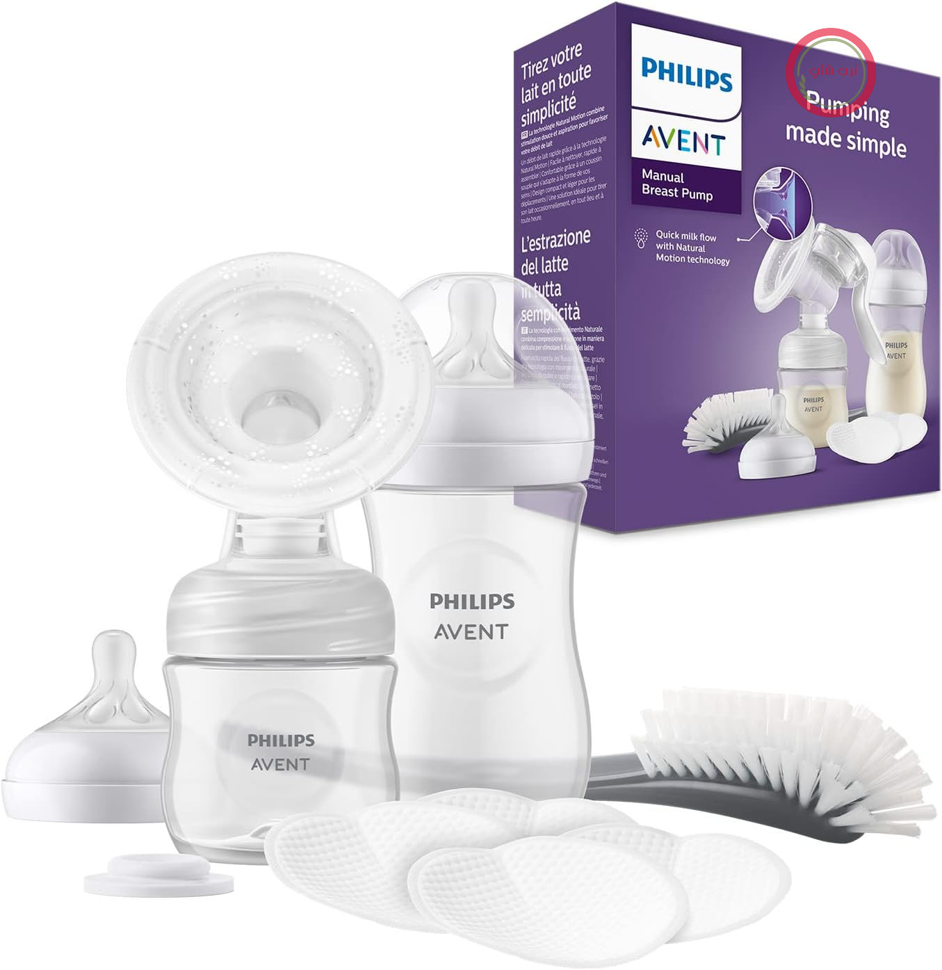ست هدیه شیردوش دستی فیلیپس اونت - شیردوش تکی، شیشه شیر (260 میلی‌لیتر و 125 میلی‌لیتر)، بدون BPA، 4 پد سینه یکبار مصرف، پلی‌پروپیلن، شفاف (مدل SCD430/60)