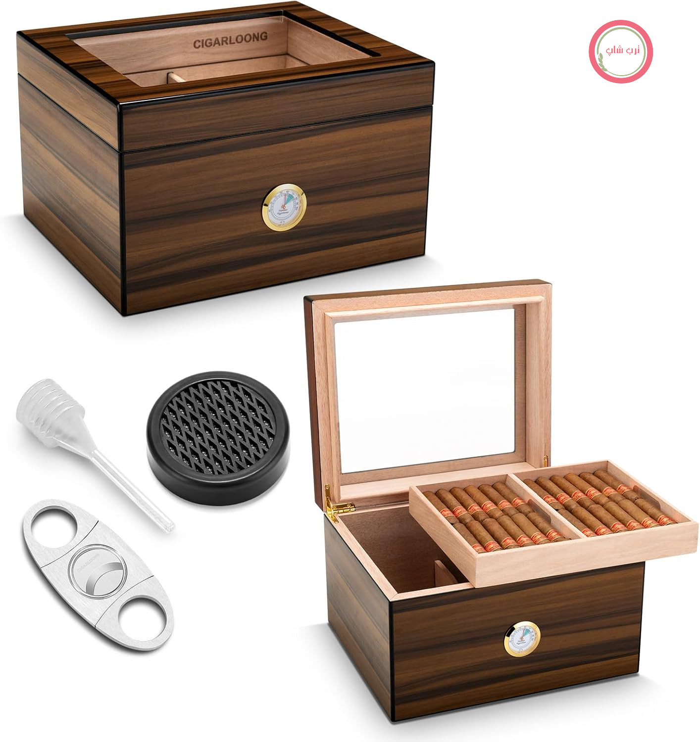 بشقاب شیشه‌ای رومیزی رطوبت‌گیر سیگار مدل Cedar با برش‌دهنده سیگار، رطوبت‌سنج و رطوبت‌ساز، جعبه نگهداری سیگار دو قسمتی با ظرفیت بالا برای نگهداری ۵۰ تا ۷۵ نخ سیگار (بزرگ)