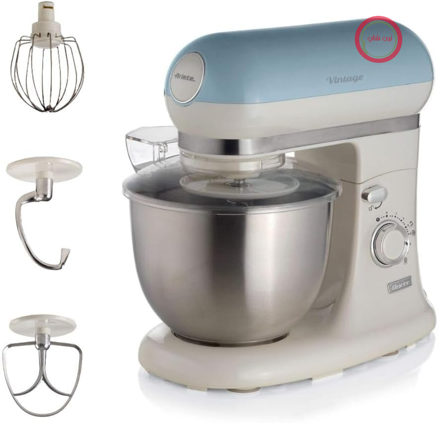 همزن ایستاده Ariete Vintage 1588، همزن سیاره‌ای قدیمی برای خمیر نان، پیتزا، کیک و شیرینی، قلاب خمیر، همزن، ظرفیت ۵.۵ لیتر، ۷ سرعته + عملکرد پالس، ۱۲۰۰ وات، آبی