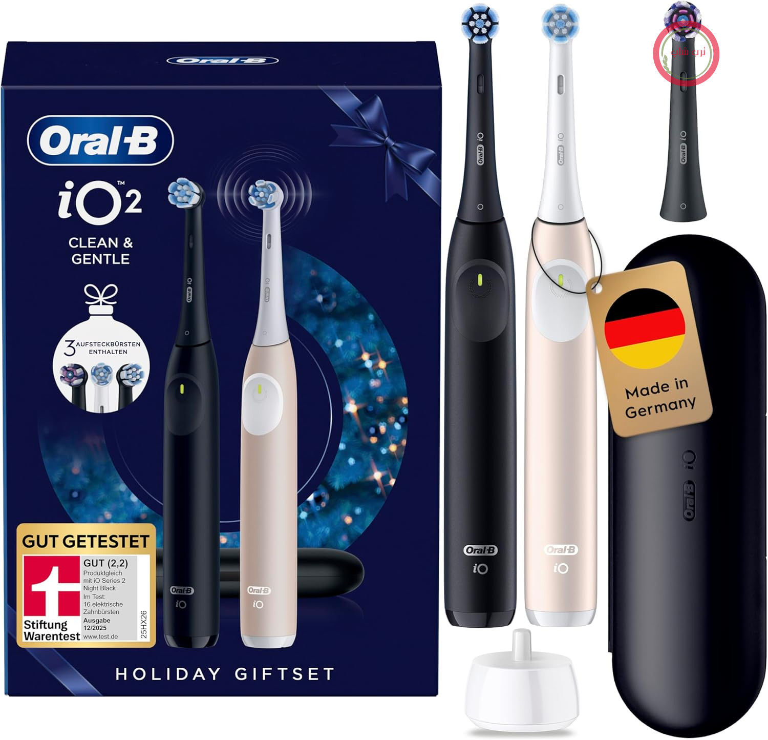 مسواک برقی اورال بی Oral-B iO Series 2 — بسته دوتایی — مسواک برقی، شامل ۳ سر مسواک، کیف مسافرتی — ۳ حالت تمیز کردن برای مراقبت از دهان و دندان، تست خوب (۲.۲) توسط STIFTUNG WARENTEST، مشکی/صورتی