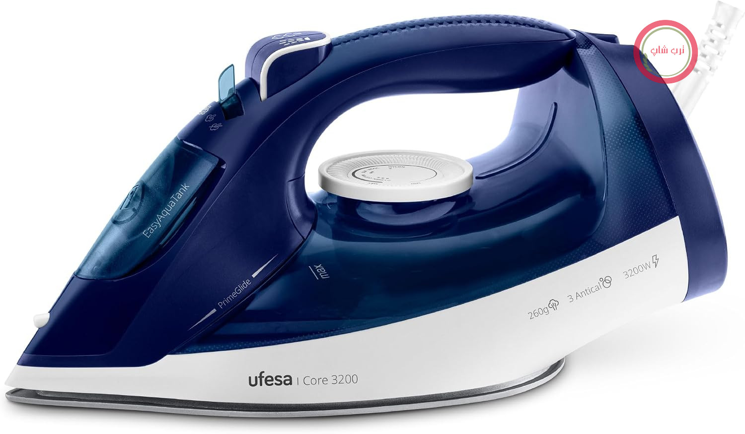 اتو بخار یوفسا اسپانیا Ufesa Core، 3200 وات، 260 گرم بخاردهی لحظه‌ای، 50 گرم در دقیقه بخاردهی مداوم، کف سرامیکی، سیستم ضد رسوب 3 در 1، ضد چکه، مخزن 350 میلی‌لیتری، کابل 1.9 متری، آبی