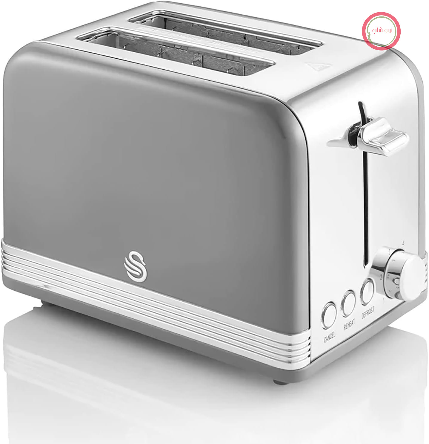 توستر دو تکه عریض سوان انگلستان Swan Retro ST19010GRNEU با دو برش و شیار عریض، طراحی قدیمی، ۳ عملکرد: یخ‌زدایی/گرم کردن مجدد/لغو، ۶ کنترل سطح تست، استیل ضد زنگ، خاکستری، ۸۱۵ وات
