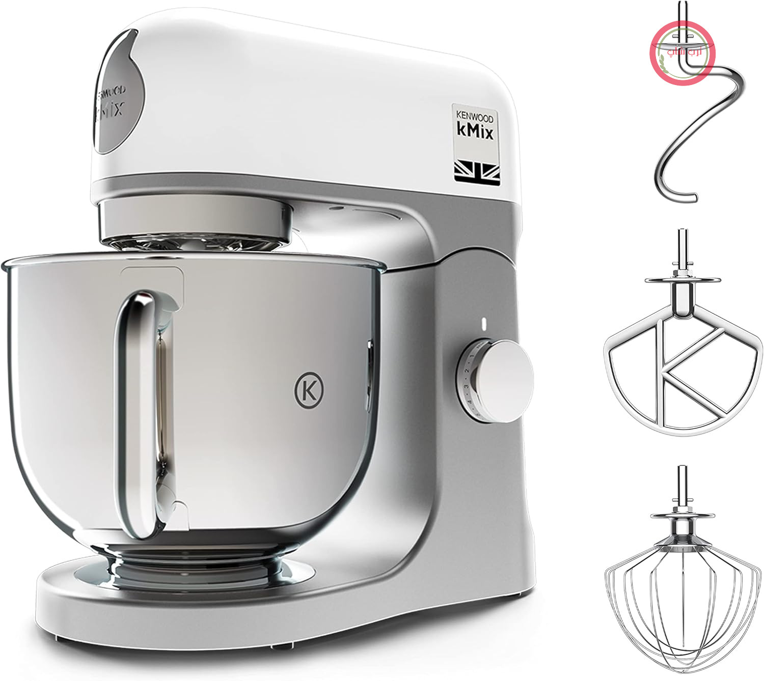 غذاساز کنوود kMix KMX750WH، کاسه استیل ضد زنگ 5 لیتری، سیستم ایمنی استفاده ایمن، بدنه فلزی، 1000 وات، شامل سرویس شیرینی‌پزی 3 تکه و محافظ پاشش آب، سفید