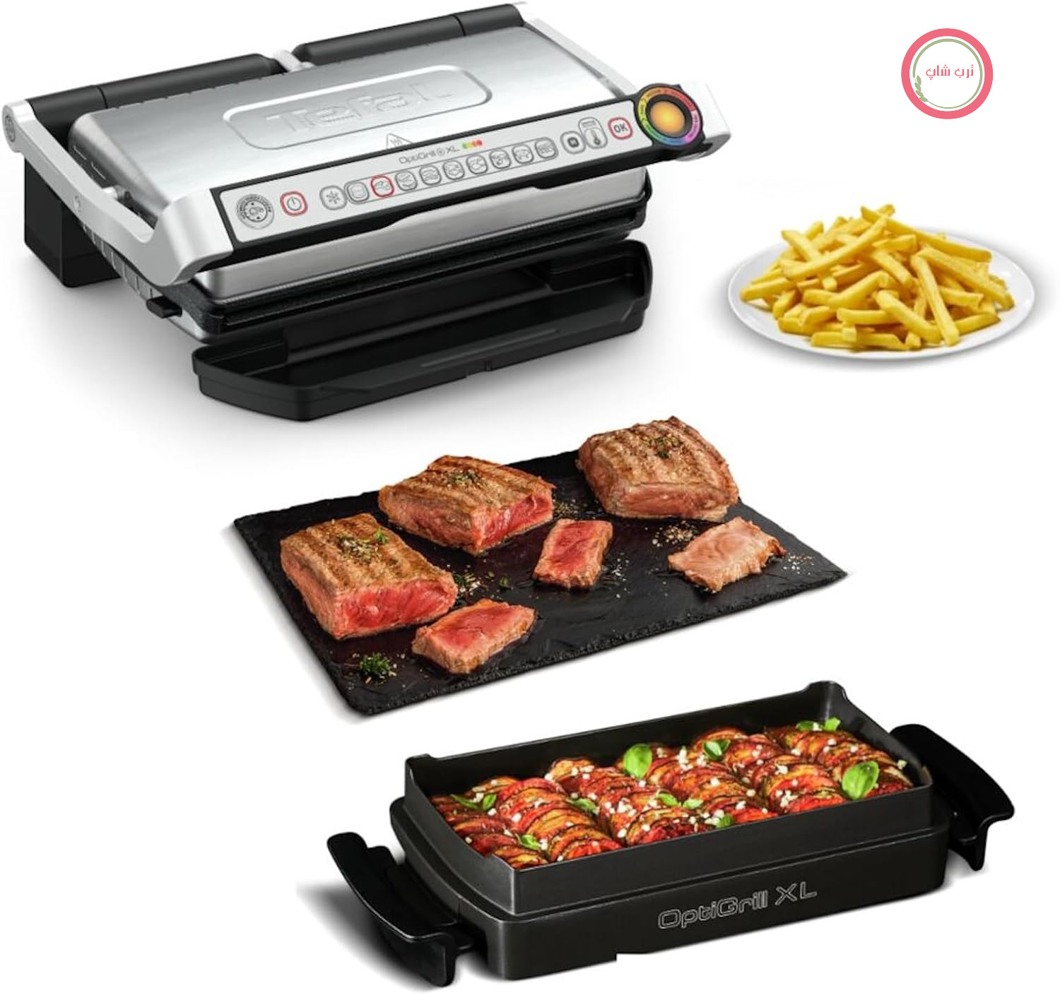 تفال OptiGrill+ XL | گریل تماسی با تنظیم خودکار دما | 9 برنامه خودکار | سطح گریل XL | شامل سینی فر | GC724D12