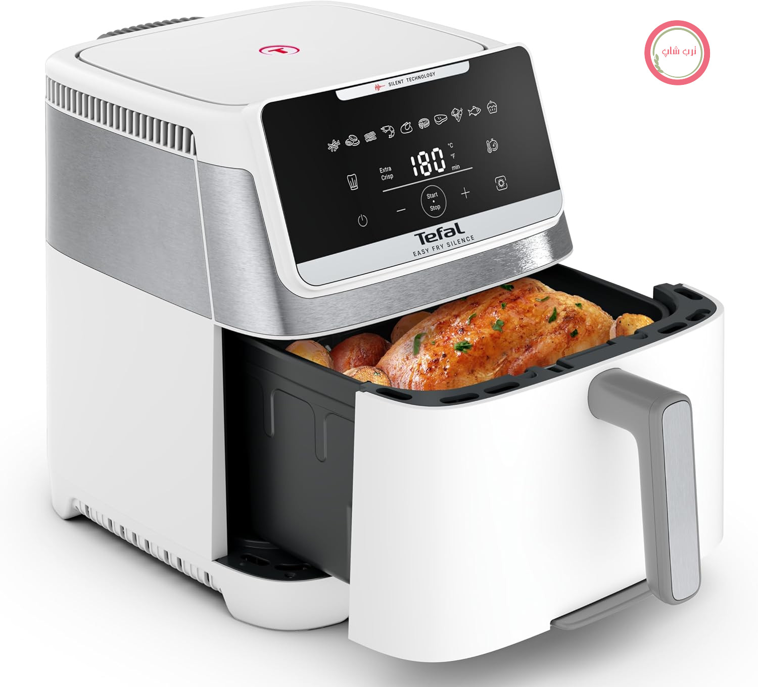 سرخ کن بدون روغن تفال مدل Easy Fry Silence، ظرفیت ۷ لیتر، فناوری بی صدا، ۱۰ برنامه از پیش تعیین شده، حداکثر ۸ پرس غذا، پنل جلویی قابل جدا شدن، سفید، EY8421E0