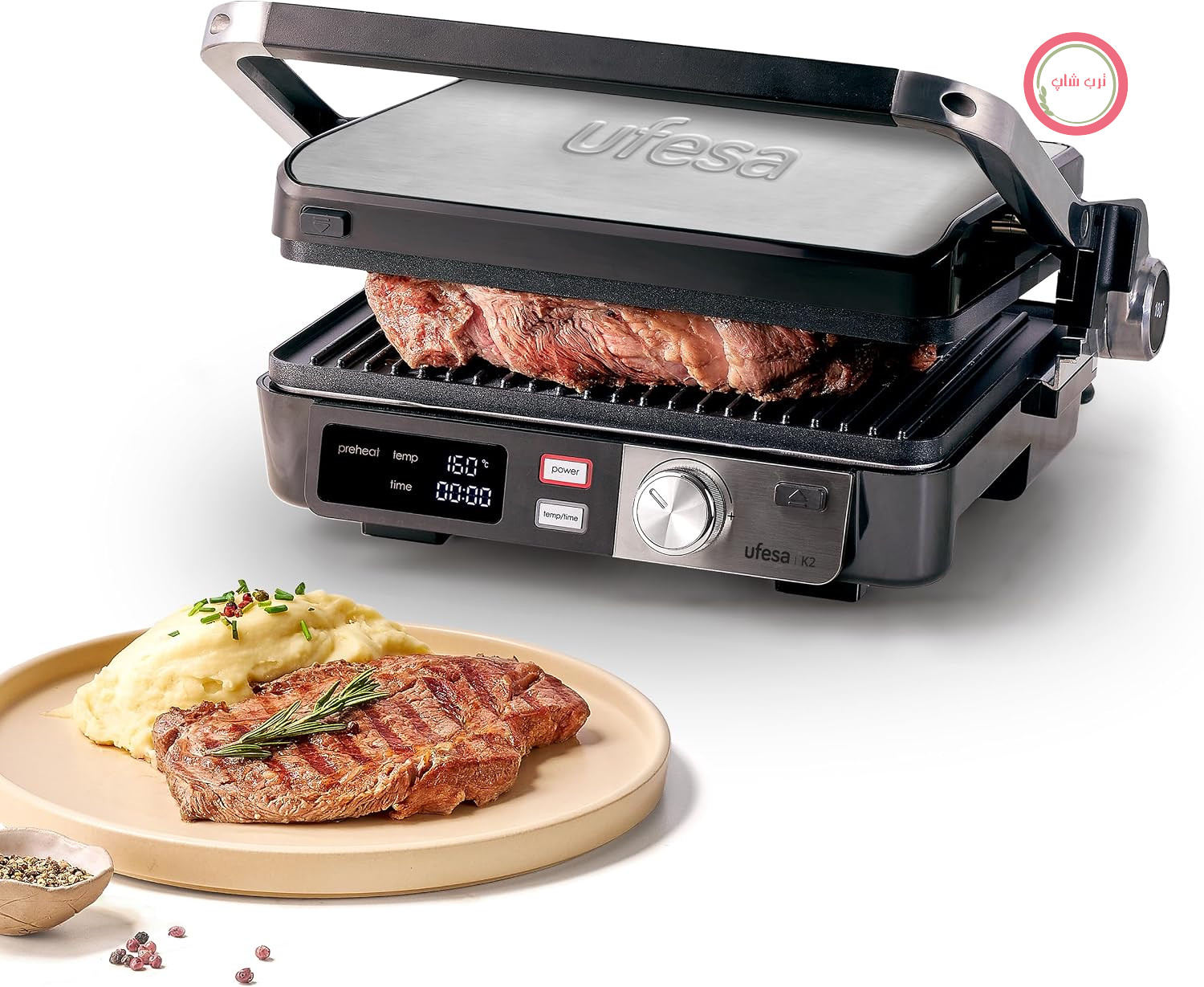 گریل باربیکیو برقی یوفسا اسپانیا Ufesa K2 2000W – ساندویچ ساز، صفحه داغ برقی و گریل، زاویه باز شدن ۱۸۰ درجه، صفحه نمایش LED، کنترل دما، صفحه بالایی با قابلیت تنظیم ارتفاع، صفحات نچسب