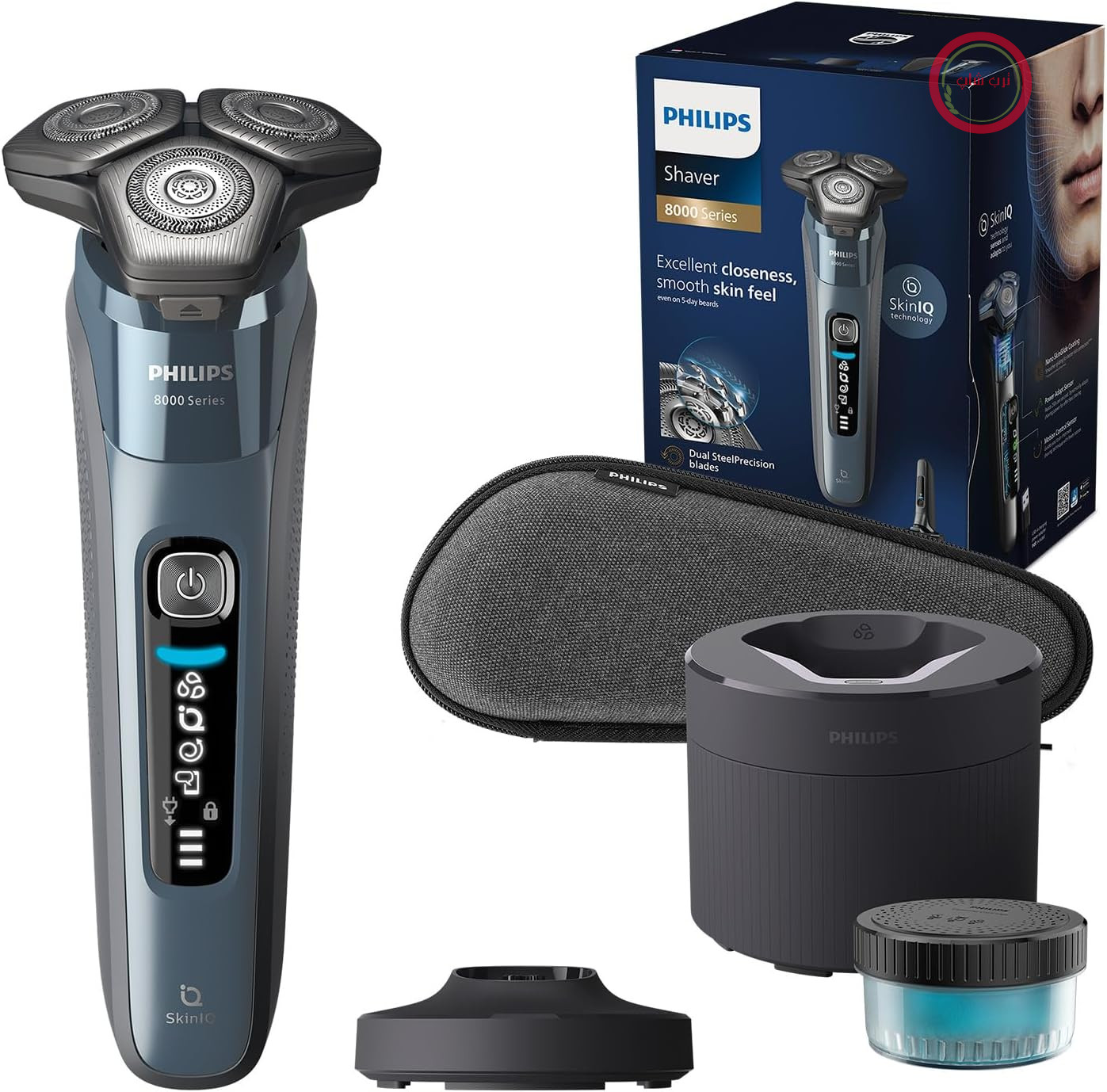 ریش‌تراش فیلیپس S8000 – ریش‌تراش برقی خشک و مرطوب با فناوری SkinIQ به رنگ آبی یخی با ماشین اصلاح یکپارچه، پایه شارژ، پایه تمیزکننده و کیف مسافرتی (مدل S8692/55)