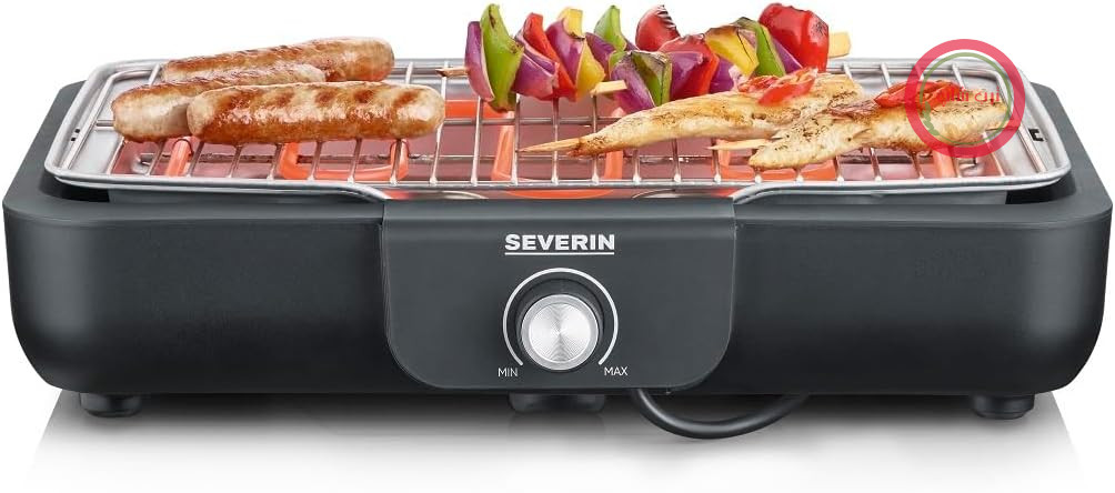گریل باربیکیو سورین آلمان رومیزی SEVERIN با توری گریل از جنس استیل ضد زنگ با کیفیت بالا، برای استفاده در داخل و خارج از منزل، 2300 وات، زمان گرمایش سریع، تنظیم دما با ترموستات، مشکی، PG 8554