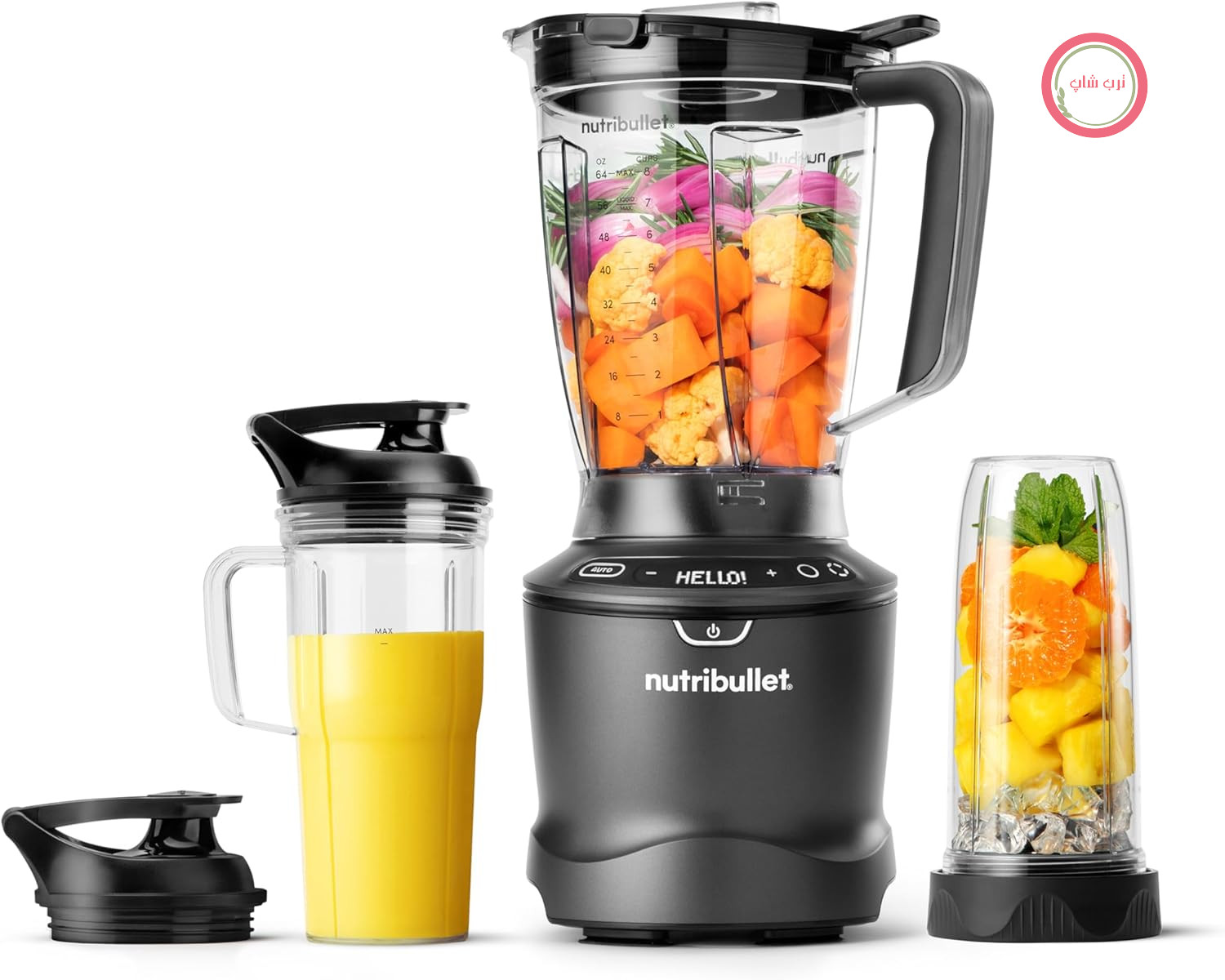 میکسر ترکیبی Nutribullet SmartSense مدل NBF550DG، همزن ایستاده با 5 سرعت و عملکرد پالس، ظرف مخلوط کردن 1.9 لیتری، لیوان‌های 700 و 900 میلی‌لیتری با دسته، چرخه اتوماتیک، درب قابل حمل، 1500 وات، مشکی