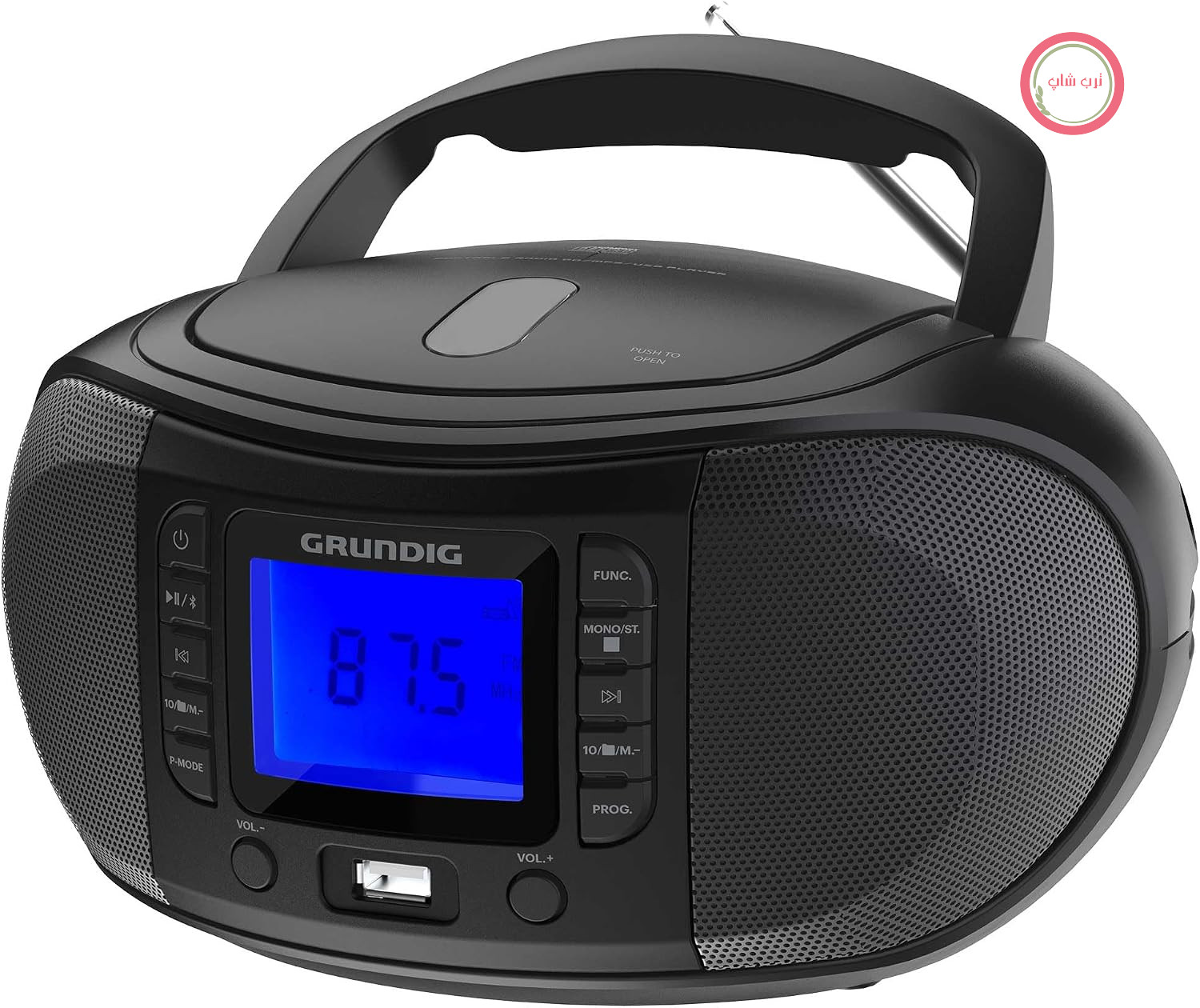 رادیو قابل حمل GRUNDIG GRB 3500 با قابلیت پخش سی دی، پورت USB 2.0، جک هدفون 3.5 میلی متری، گیرنده FM با تنظیم فرکانس PLL، 30 ایستگاه از پیش تنظیم شده، مشکی
