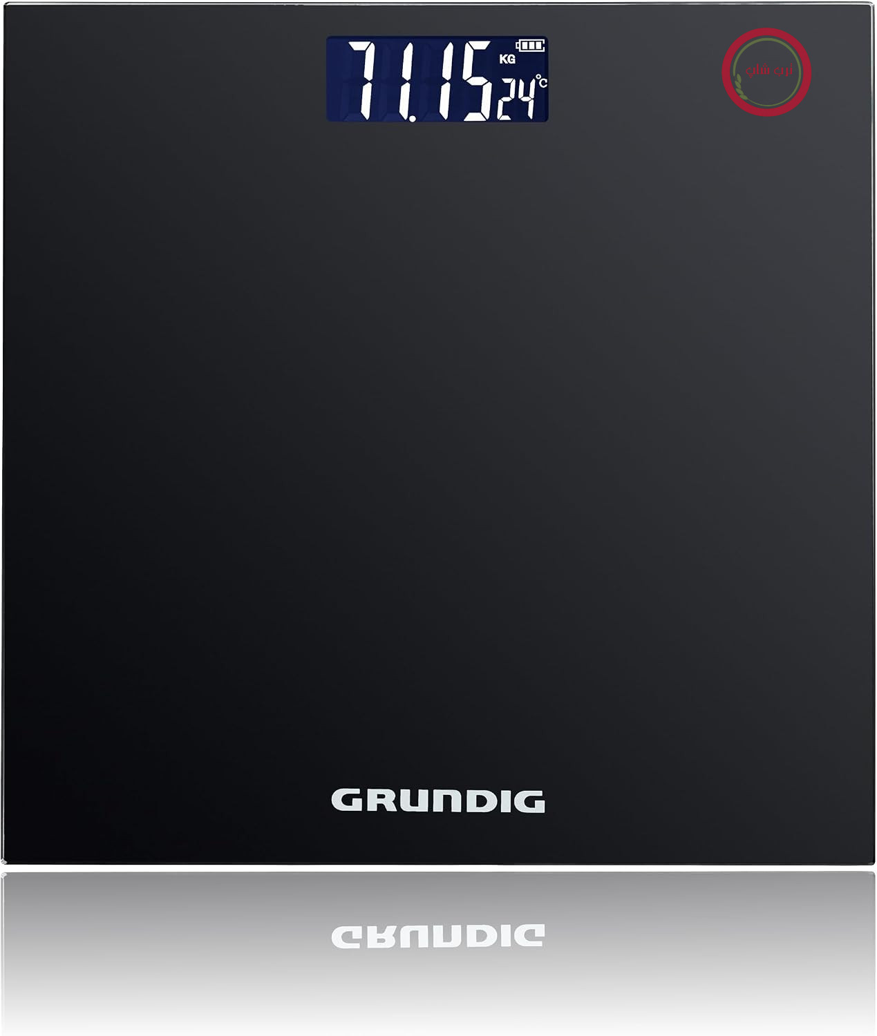 ترازوی شخصی Grundig – ترازوی دیجیتال بدنه شیشه‌ای – ترازو با نمایشگر LCD – ظرفیت تا ۱۸۰ کیلوگرم – واحدهای کیلوگرم، پوند و وزن – ۲۸x۲۸ سانتی‌متر – مشکی