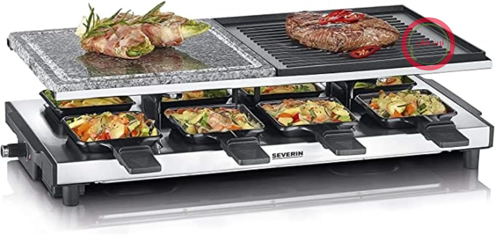 گریل راکلت سورین آلمان SEVERIN Raclette با سنگ گریل طبیعی و صفحه گریل، Raclette با صفحه گریل نچسب، گریل رومیزی برای 8 نفر، حداکثر 1700 وات، استیل ضد زنگ / مشکی، RG 2373