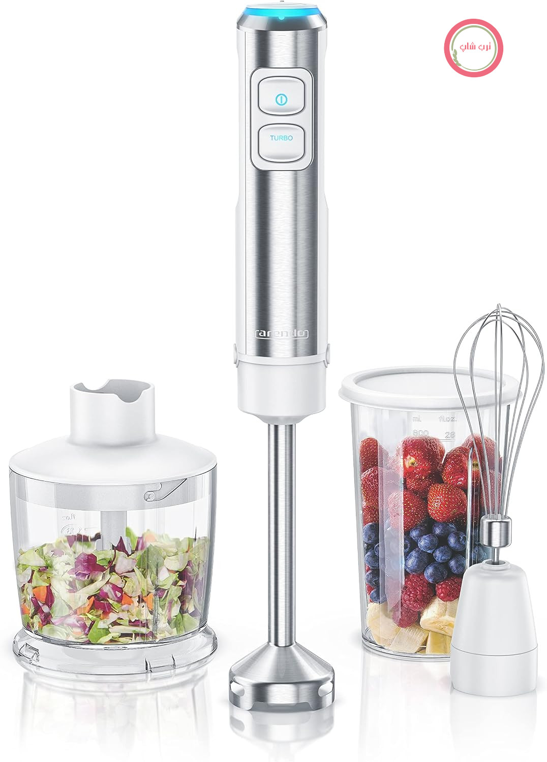 گوشت کوب برقی آرندو آلمان 1200 وات - موتور DC - شامل پیمانه 800 میلی لیتری + همزن - 2 حالت سرعت - دکمه توربو - پایه مخلوط کن استیل ضد زنگ قابل جدا شدن - چراغ های LED آبی - سفید
