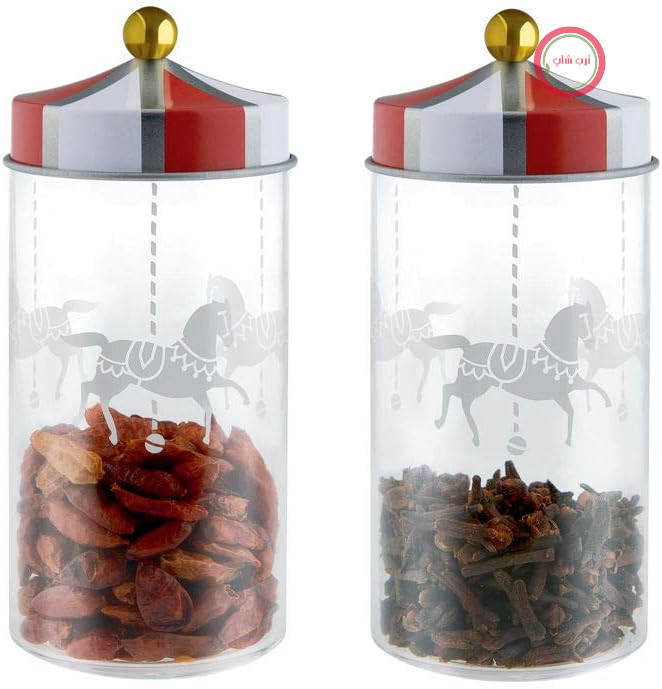 مجموعه طراحی‌شده‌ی Alessi Circus MW68S2 شامل دو ظرف ادویه شیشه‌ای با درب‌های قلع‌اندود چاپ‌شده و مهروموم‌شده