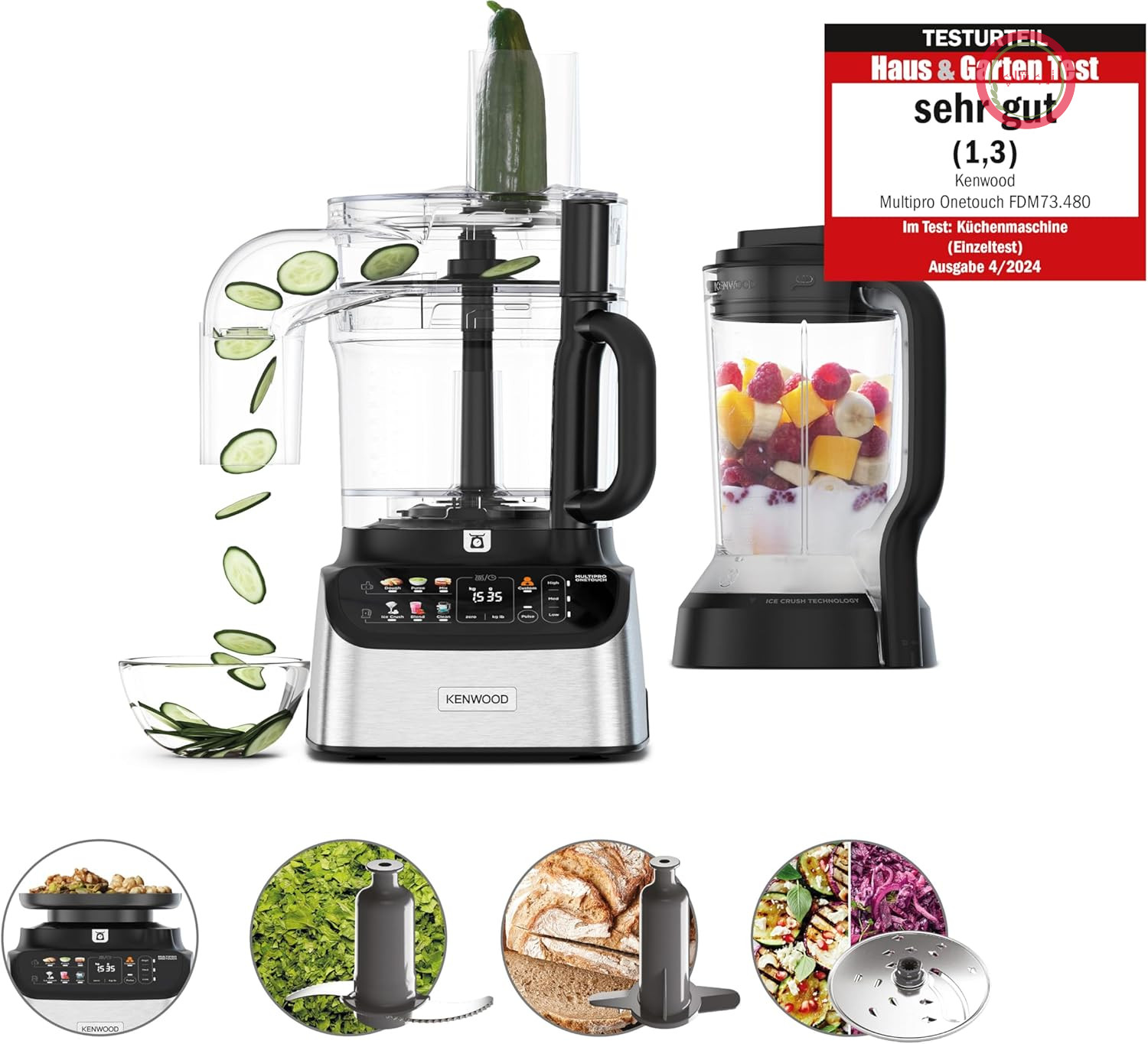 غذاساز و مخلوط کن جمع و جور Kenwood MultiPro OneTouch FDM73.480SS، 6 لوازم جانبی، 6 برنامه خودکار، سرعت متغیر و عملکرد پالس، مقیاس یکپارچه، 1000 وات، نقره‌ای