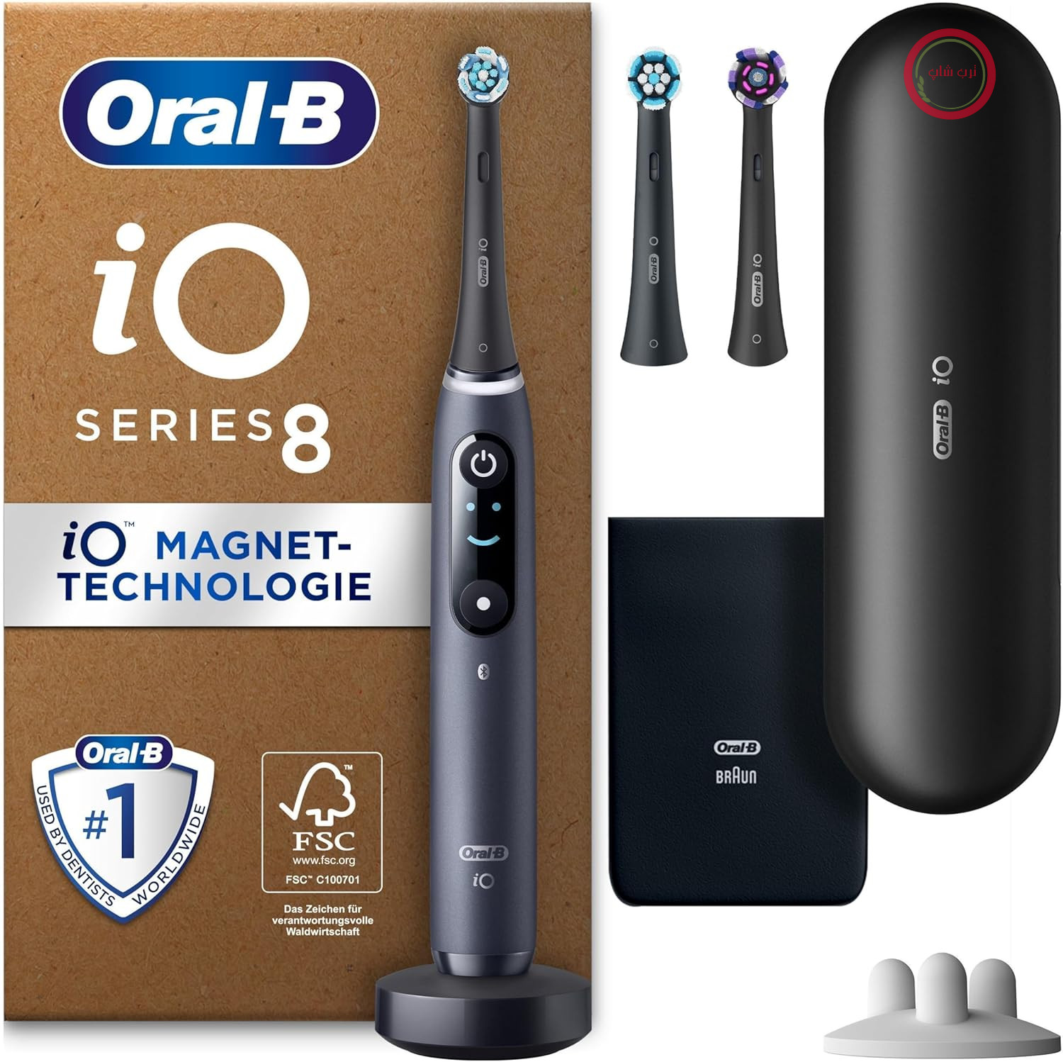 مسواک برقی اورال بی Oral-B iO Series 8 Plus Edition، PLUS 3 سر مسواک شامل سفیدکننده، قاب مغناطیسی، 6 حالت تمیز کردن، طراحی شده توسط Braun، هدیه برای آقایان/خانم‌ها، مشکی اونیکس