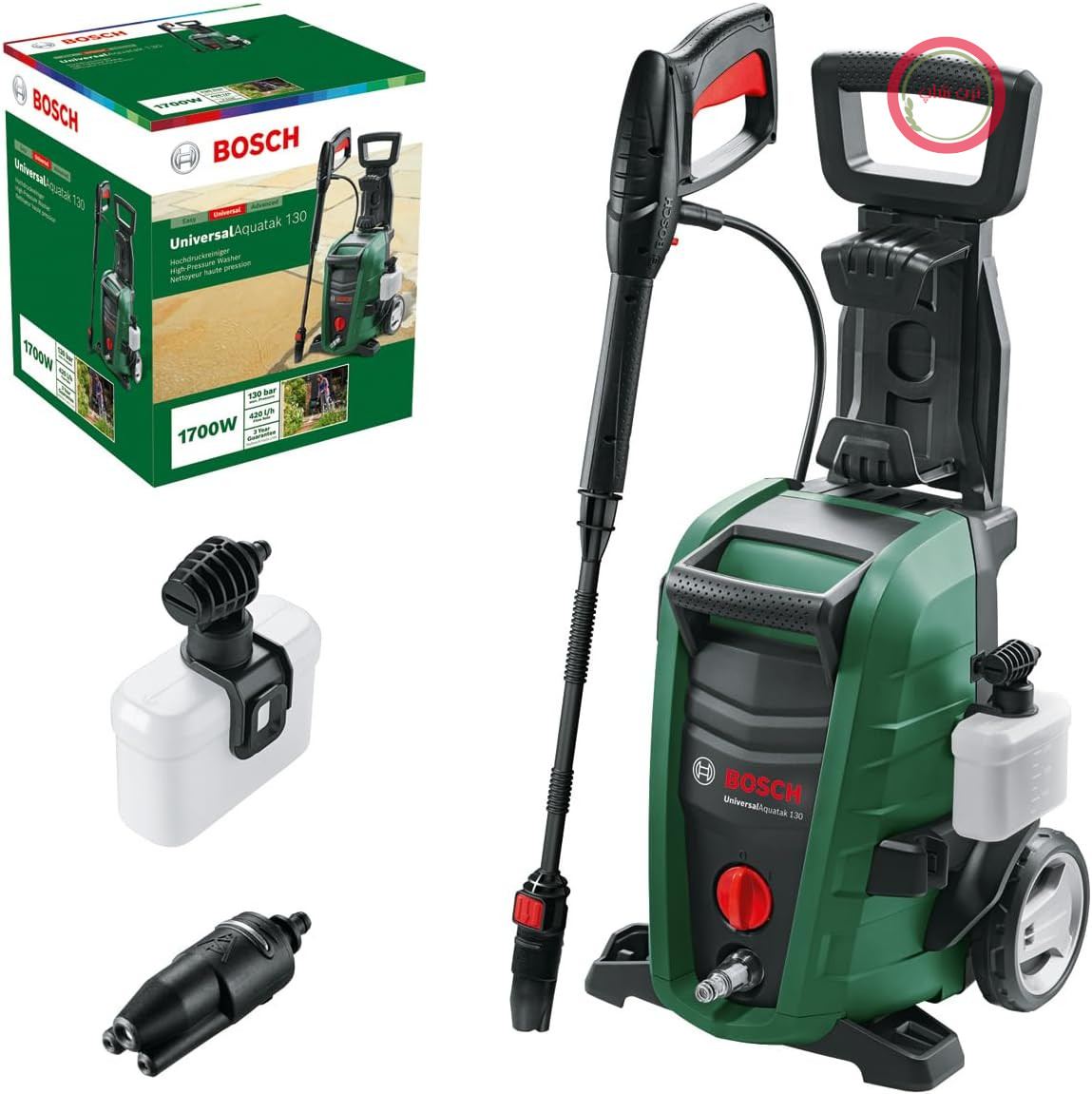 کارواش خانگی بوش آلمان Bosch مدل یونیورسال آکواتک ۱۳۰ (نازل ۳ کاره، نازل فوم، فیلتر آب شفاف، تفنگی فشار قوی
