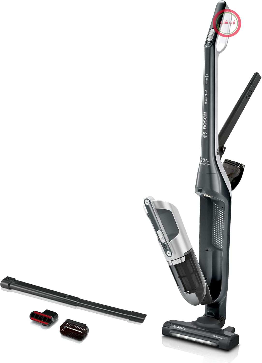 جاروبرقی بی‌سیم بوش مدل Flexxo 2in1 سری 4 مدل BBH3P280، بدون کیسه، قدرت مکش بالا، زمان کارکرد طولانی، نازل با روشنایی LED، مناسب برای انواع سطوح، خاکستری تیره