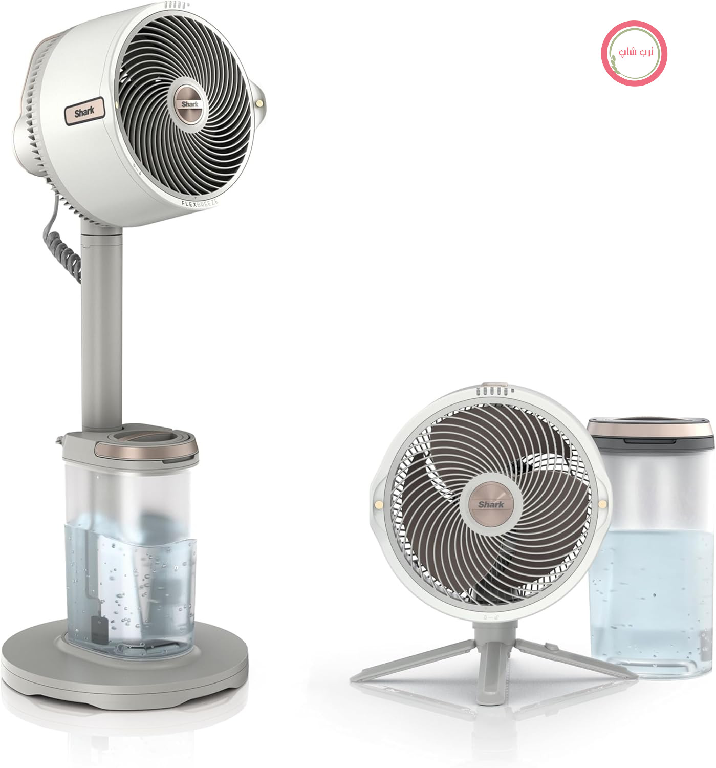 پنکه بی‌سیم داخلی/خارجی Shark FlexBreeze Pro Mist با سیستم اسپری، مخزن اسپری قابل حمل، برد 20 متر، پنکه ایستاده و رومیزی، 5 حالت سرعت، عملکرد بی‌صدا، کنترل از راه دور، Dove FA300WHEU