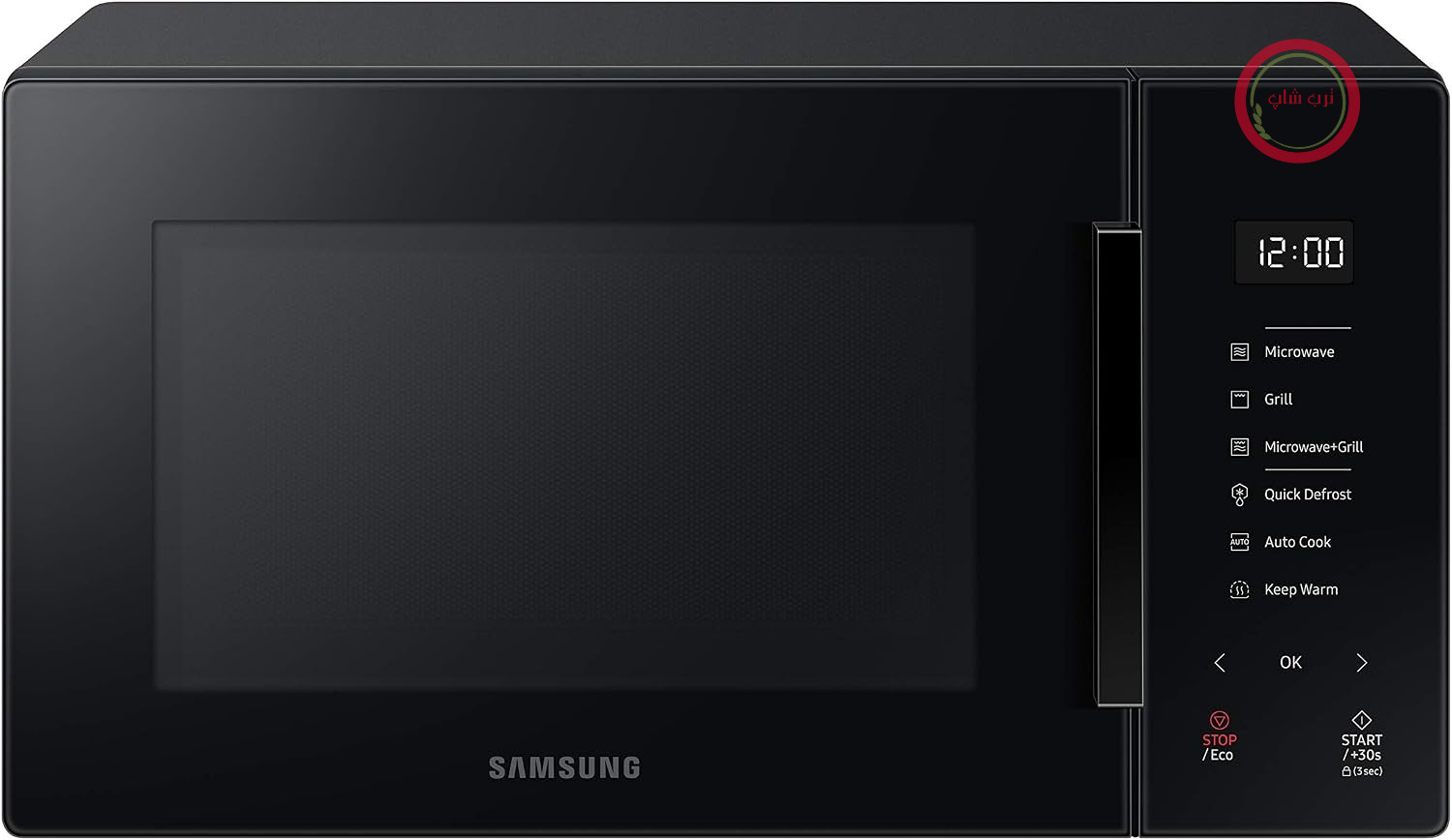 مایکروویو سامسونگ Samsung مدل ایستاده + گریل، طراحی شیشه‌ای، پخت ترد، MG23T5018AK/ET، دسر خانگی، پخت خودکار، 800 وات + 1100 وات، 23 لیتر، 49 طول × 27.5 ارتفاع × 38 عمق، زغالی