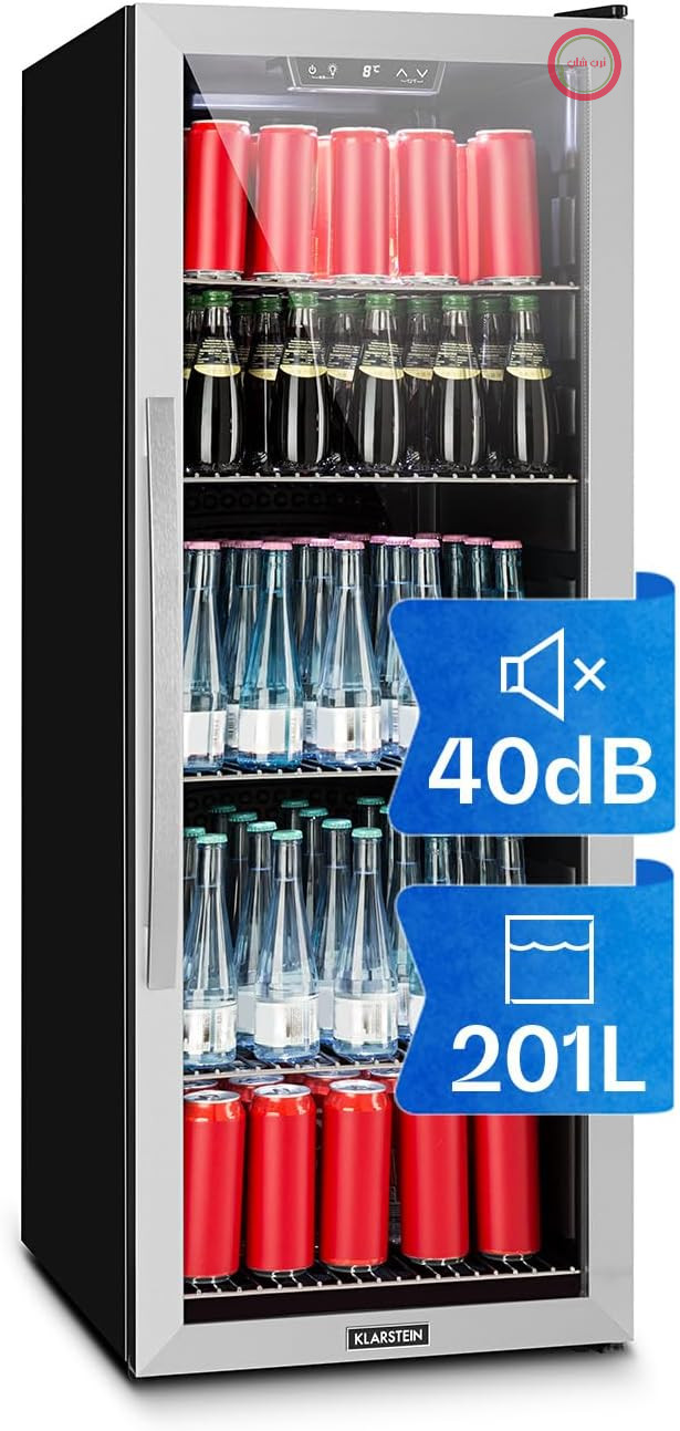 یخچال نوشیدنی Klarstein Beersafe 171 L - یخچال با درب شیشه‌ای، نقره‌ای | روشنایی LED، قفسه‌های فلزی قابل جابجایی، عملکرد بی‌صدا، خنک‌کننده بطری برای نوشیدنی‌ها و قوطی‌ها