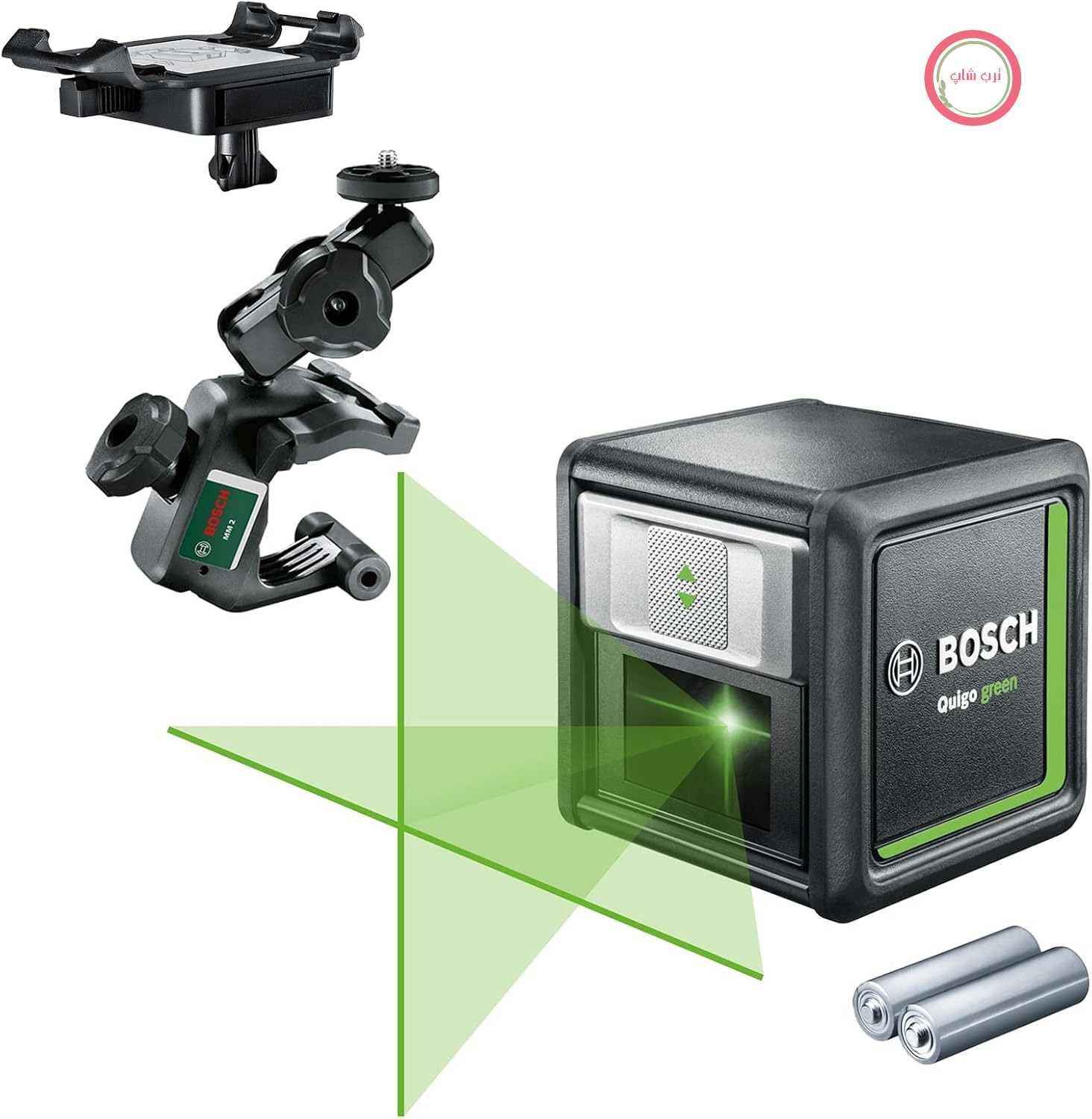 تراز لیزری خط‌کشی بوش آلمان Bosch مدل Quigo Green با پایه چند منظوره MM 2 (دیود لیزر سبز، برد کاری 12 متر