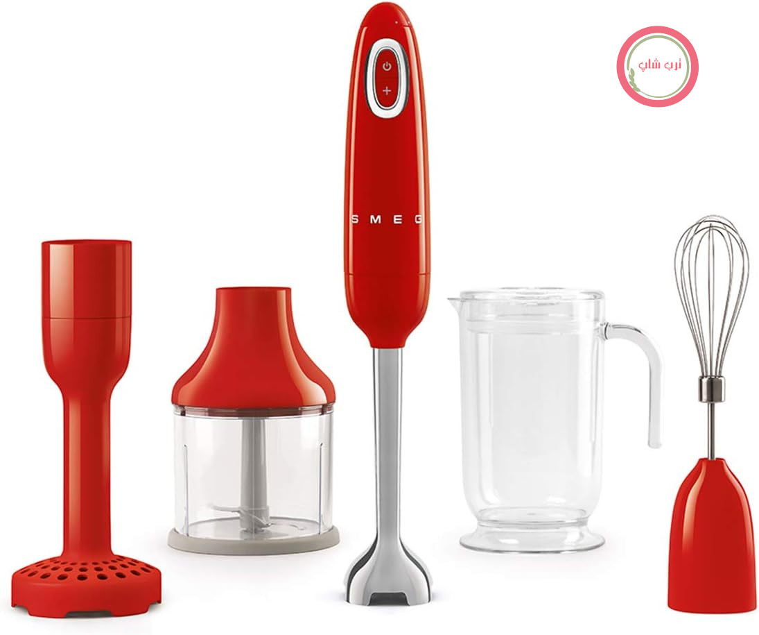 مخلوط کن دستی Smeg HBF02RDEU، عملکرد توربو و سیستم برش Flowblend، با دسته ضد لغزش، محفظه سیم داخلی، شامل لوازم جانبی، قدرت 700 وات، قرمز