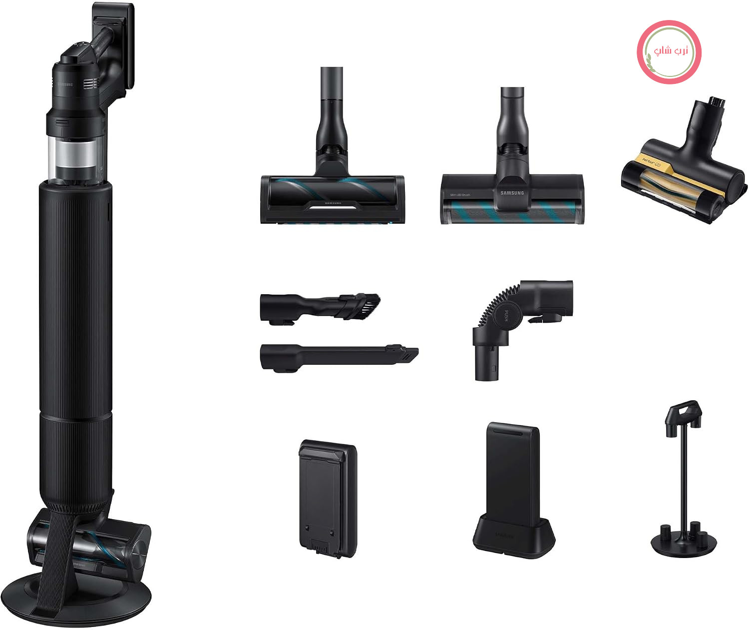 جارو شارژی سامسونگ Samsung مدل VS90F40EEK/WD مدل Bespoke AI Jet Ultra Cordless+ CompleteClean شامل لوازم جانبی، ۴۰۰ وات، ۲ باتری، پایه همه کاره، برس اکتیو Dual & Slim LED+، ابزار حیوانات خانگی+، مشکی براق