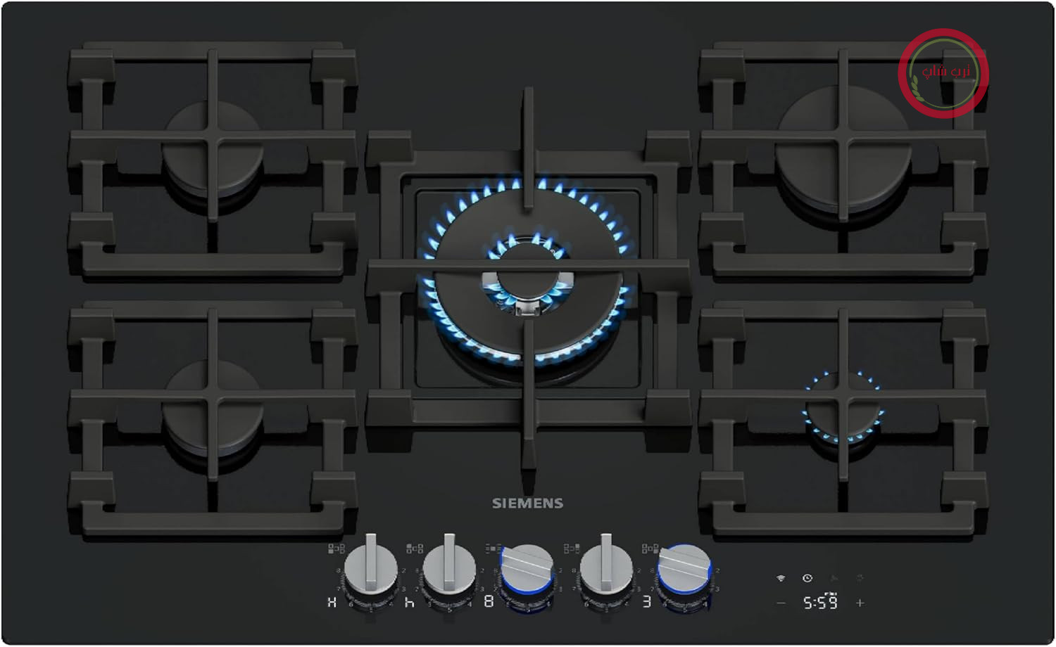 اجاق گاز رومیزی زیمنس ER7A6RH40 iQ700، 75 سانتی‌متر، فناوری stepFlame، cookConnect، هود هوشمند و خودکار، صفحه نمایش دیجیتال، دستگیره‌های فلزی قابل جابجایی، شیشه سکوریت، Home Connect، مشکی