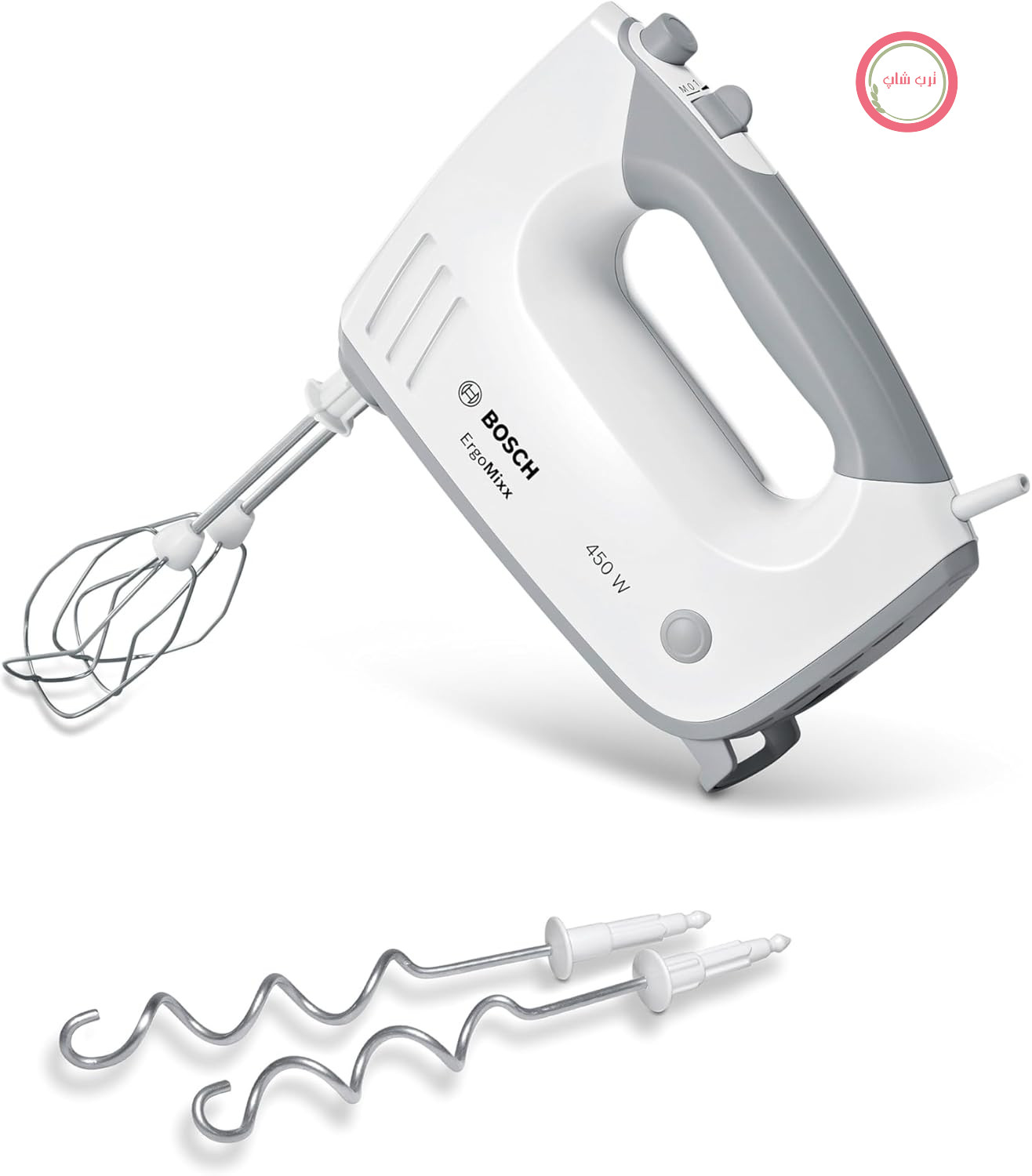 همزن دستی Bosch ErgoMixx MFQ36400، 2 همزن، 2 قلاب خمیر از جنس استیل ضد زنگ، قابل شستشو در ماشین ظرفشویی، 5 سرعته به علاوه عملکرد توربو، 450 وات، سفید