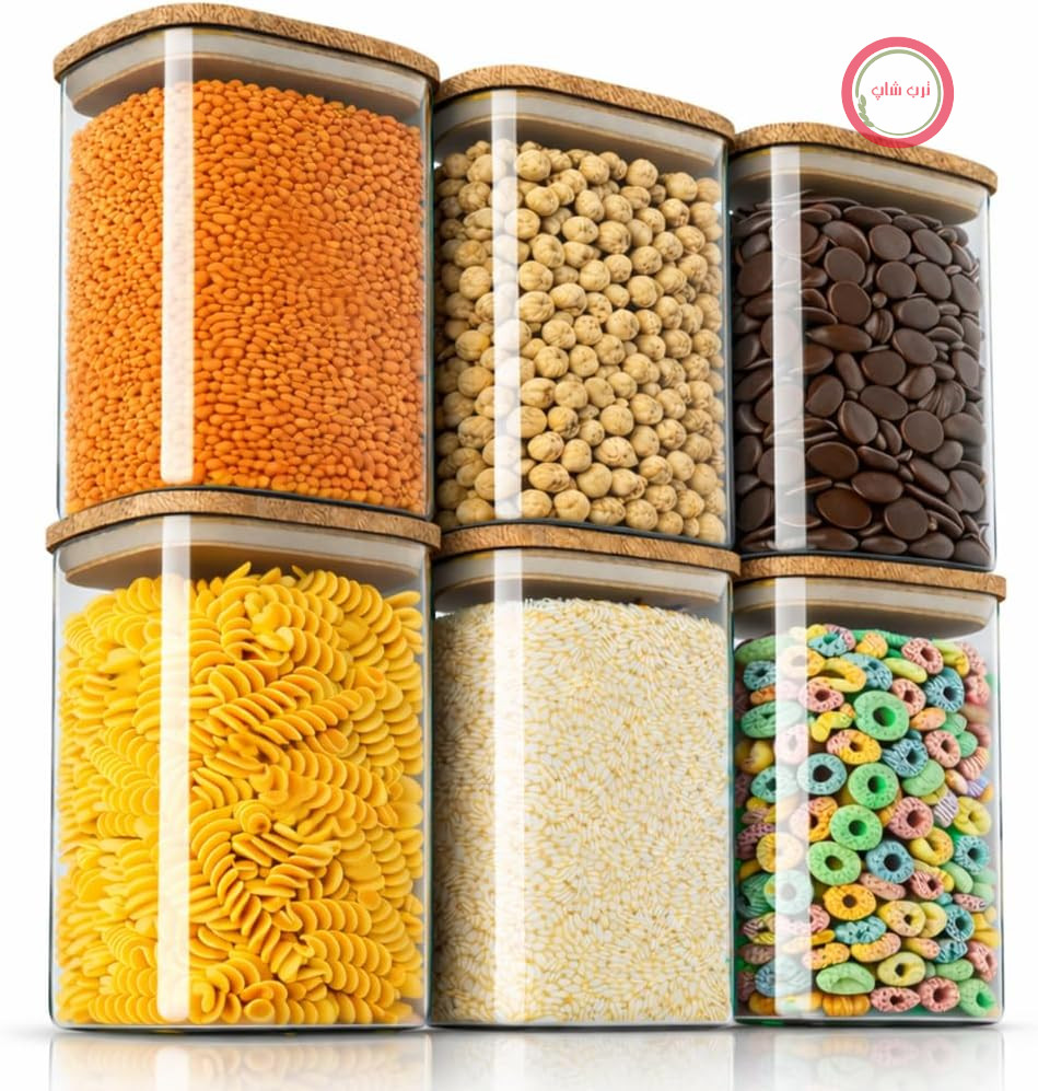 آرندو - ظروف نگهداری با درب ۱۲۰۰ میلی‌لیتر - مجموعه ۶ عددی - ظروف شیشه‌ای - مقاوم در برابر حرارت - شیشه‌های نگهداری/انبار با درب بامبو - بدون درز - برای موسلی، شکر، آرد، قهوه، برنج