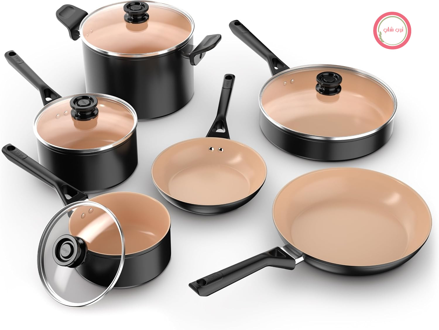 سرویس قابلمه و ماهیتابه نینجا CK89010BF، نچسب، با طول عمر بالا، سرویس پخت و پز سرامیکی، 10 تکه، بدون PFOA، مناسب برای فر تا دمای 176 درجه سانتیگراد، سازگار با القایی، 10 تکه