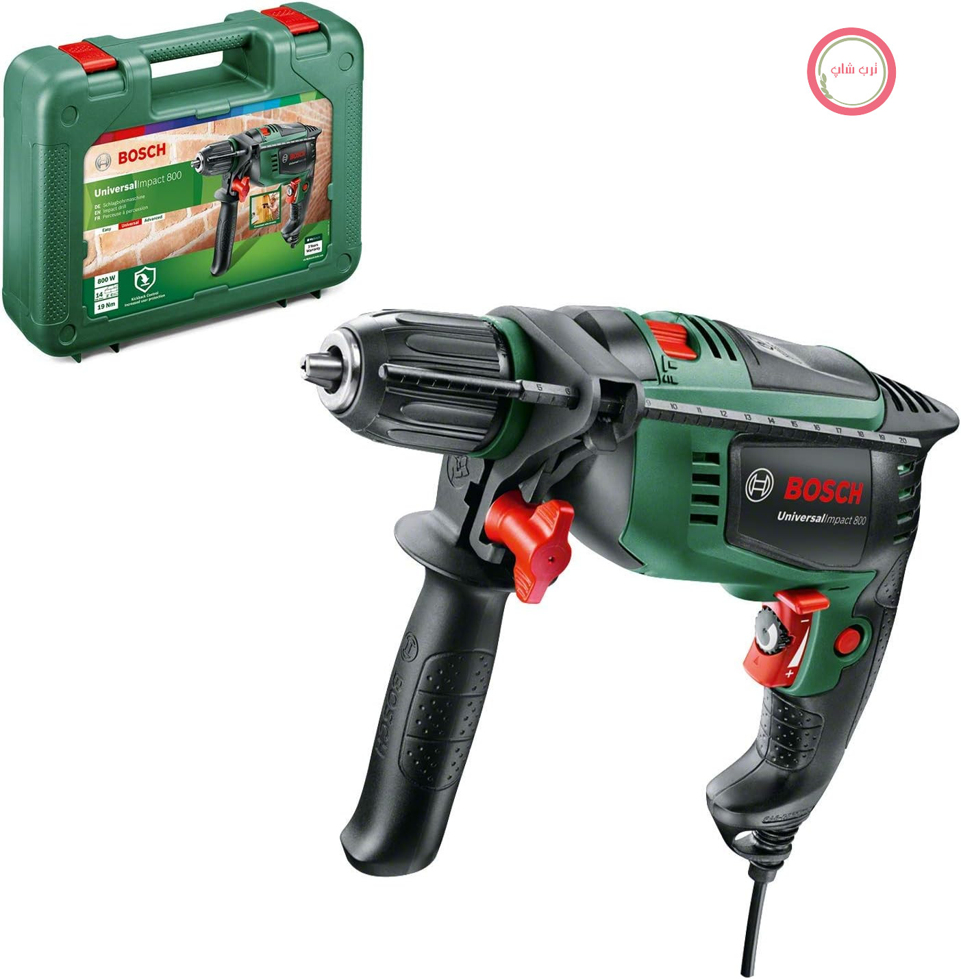 دریل ضربه‌ای بوش آلمان مدل Bosch UniversalImpact 800 در جعبه‌ای با ۱ عدد گیج عمق و ۱ دسته اضافی