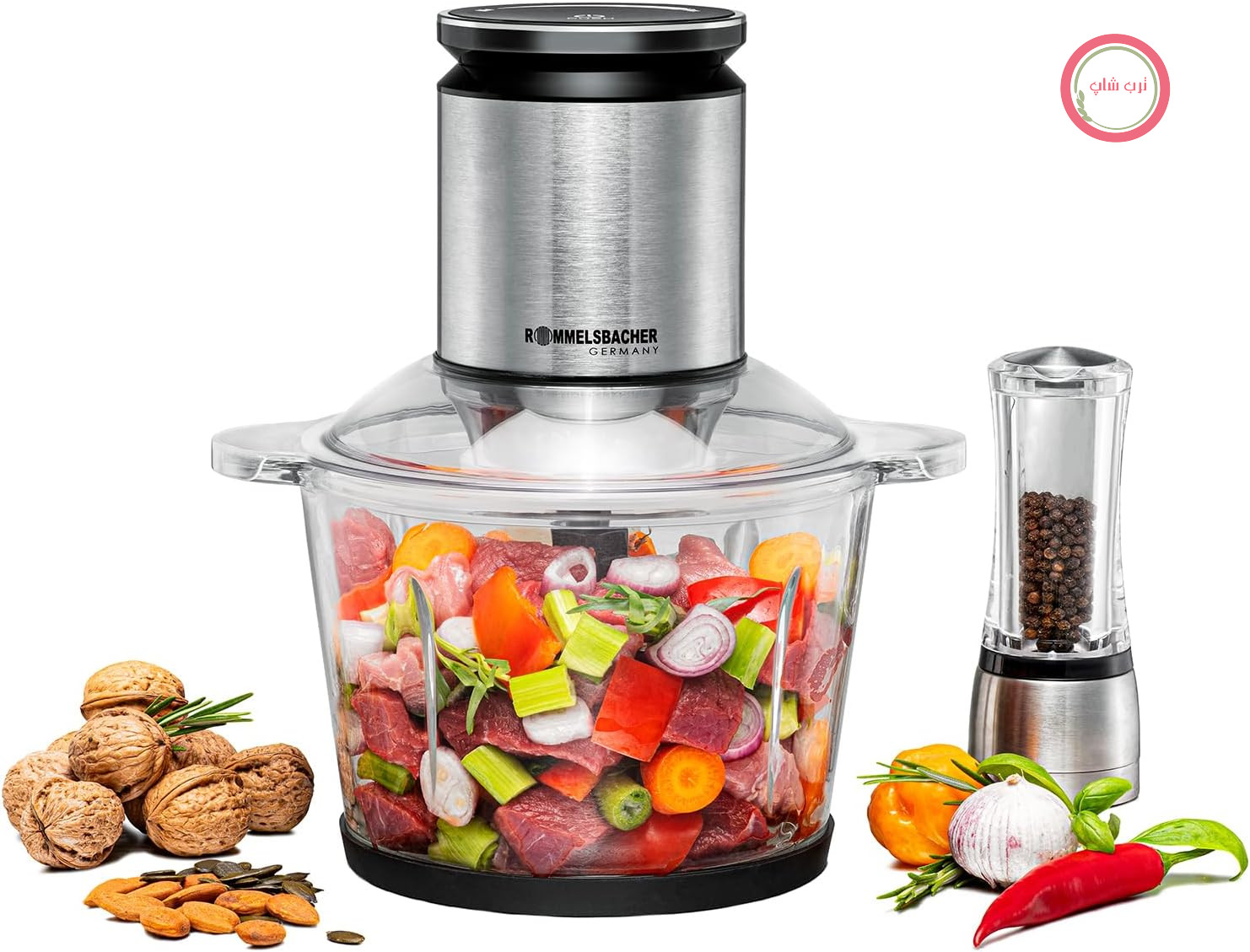 خردکن چندکاره ROMMELSBACHER مدل MZ 800، کاسه شیشه‌ای ۲.۷ لیتری، کنترل سرعت ۲۲ مرحله‌ای، موتور قدرتمند، چاقوی مخصوص ۹ تیغه از جنس استیل ضد زنگ، شفت چاقو و کوپلینگ موتور از جنس استیل ضد زنگ