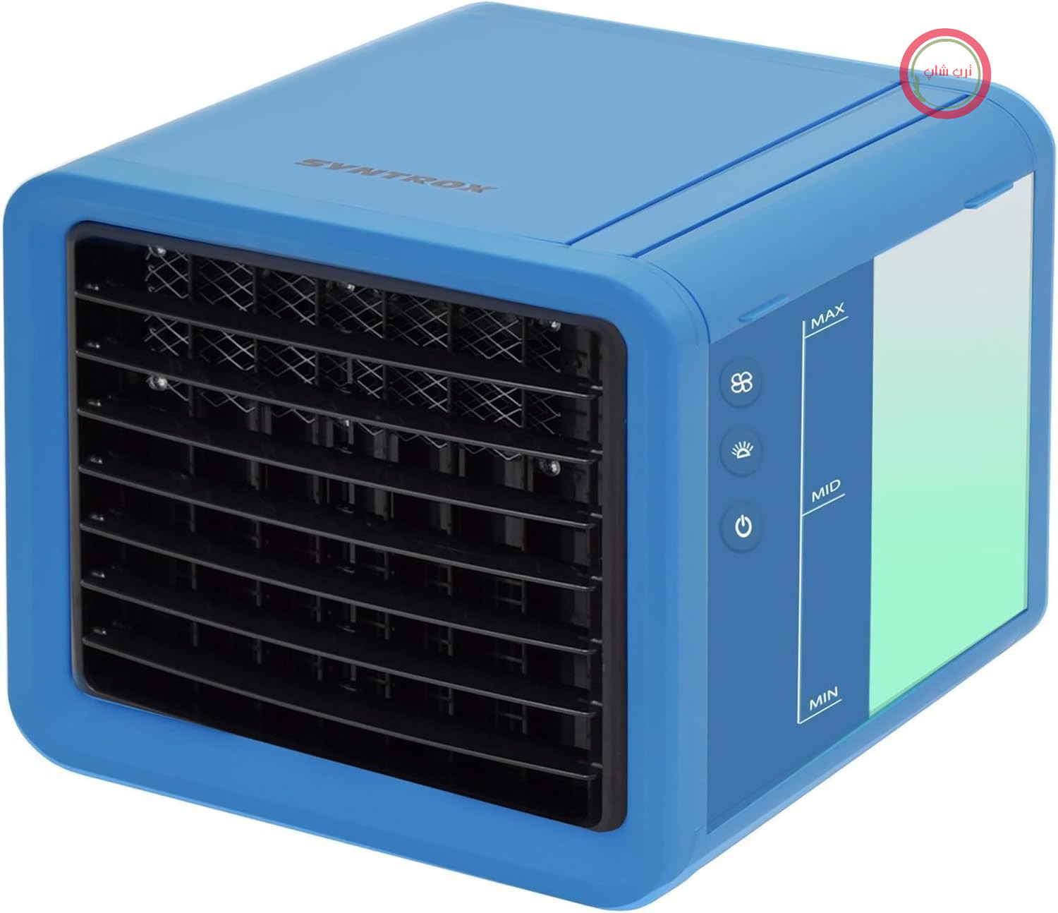 کولر آبی کوچک سینتروکس آلمان Syntrox با قابلیت خنک‌کنندگی آبی Trivaria | کولر تبخیری، رطوبت‌ساز، خوشبوکننده هوا، پورت USB، خنک‌کننده تابستانی، کولر کمپینگ (آبی-سفید)