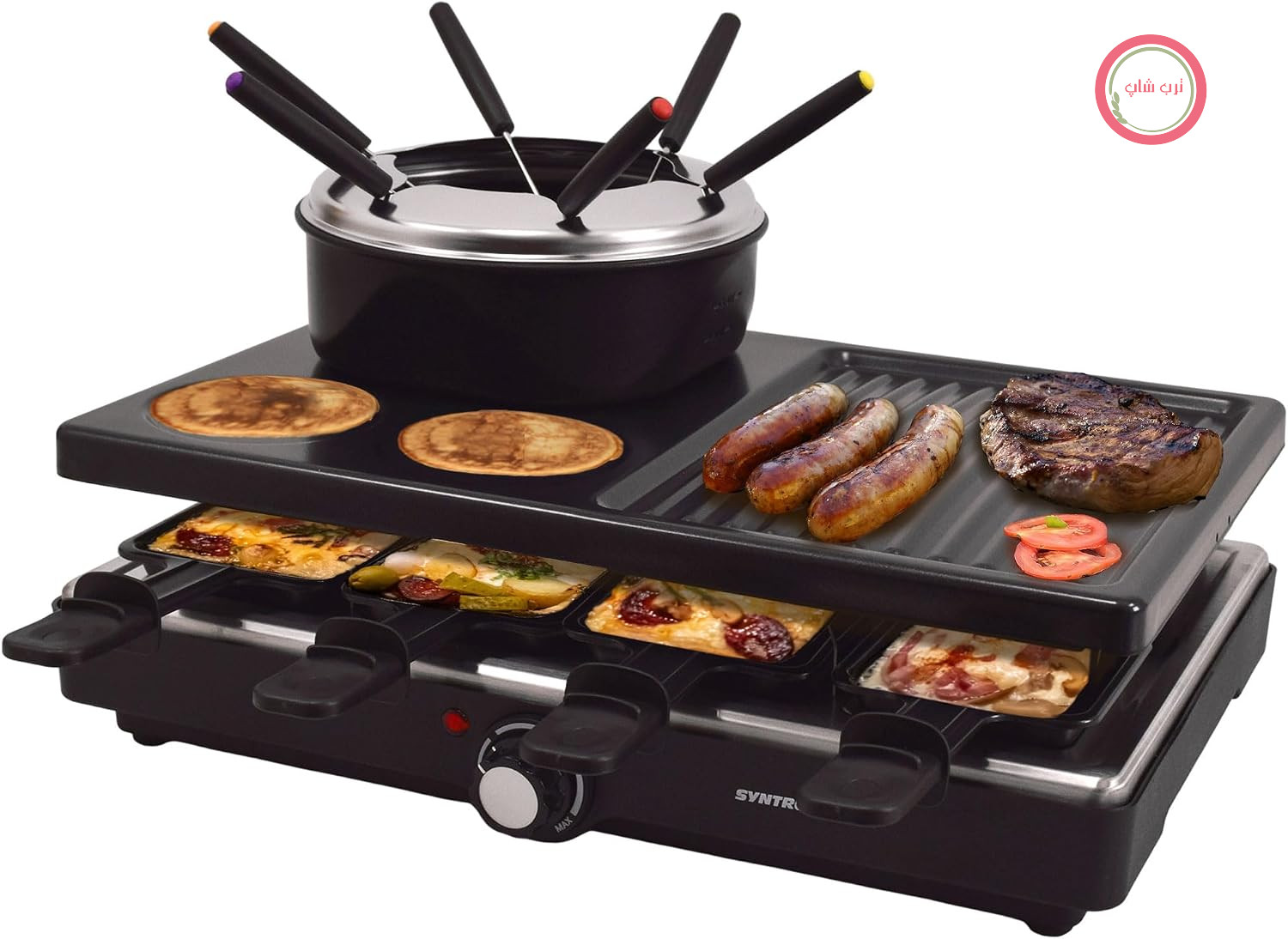 فوندوی Syntrox Raclette 2in1 برای 8 نفر، 1400 وات، صفحه گریل نچسب، 8 تابه، قابلمه فوندوی 1.4 لیتری، کنترل ترموستات