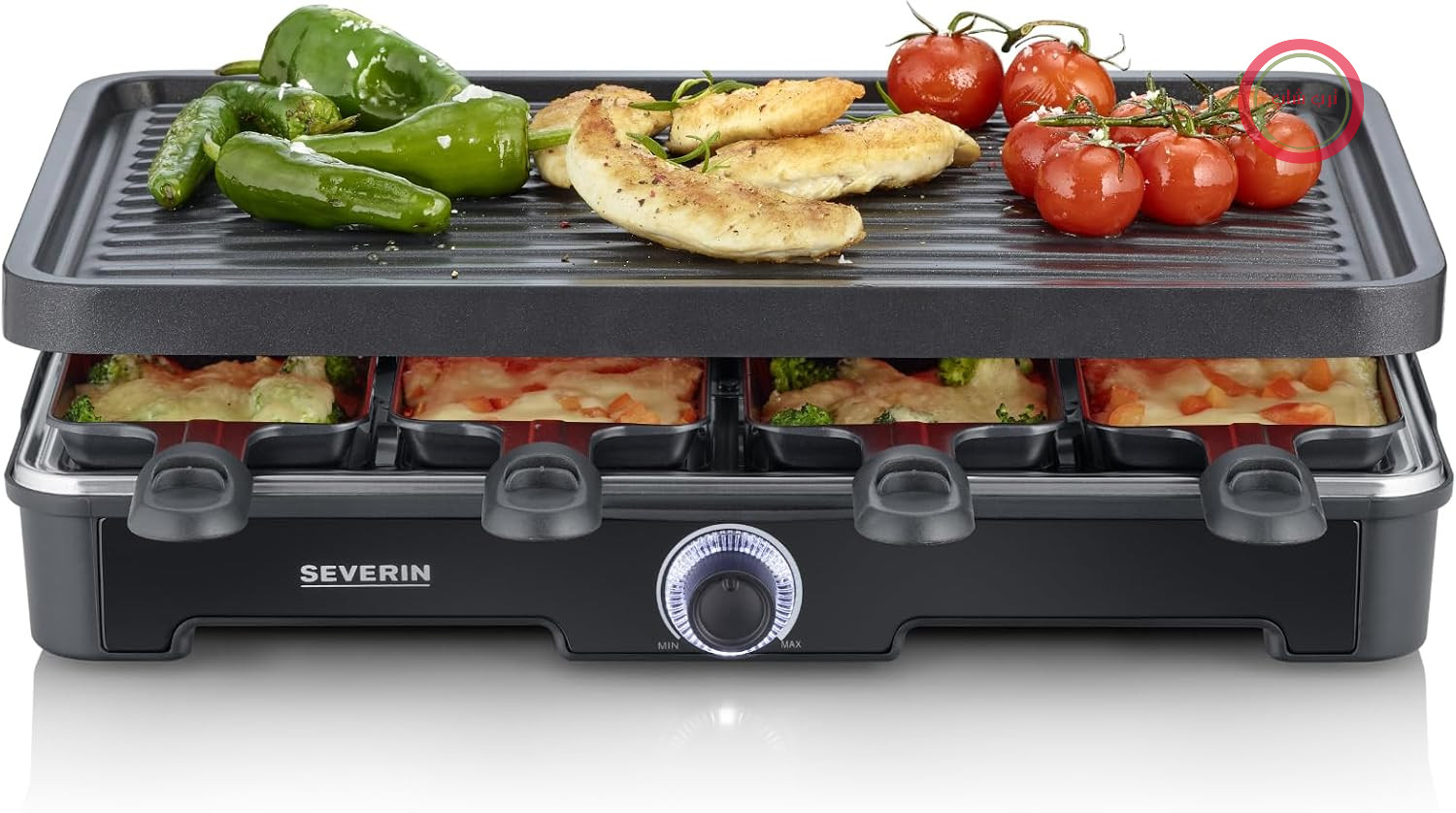 گریل راکلت ساز سورین آلمان Severin Raclette، با صفحه گریل بزرگ، روکش سرامیکی و نچسب، ۸ تابه راکلت و ۸ کفگیر، گریل رومیزی برای حداکثر ۸ نفر، قدرت ۱۴۰۰ وات، مشکی، RG 9670