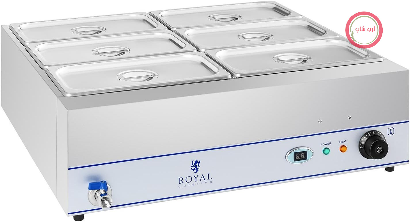 ظرف بین ماری گرم کننده غذای رویال کترینگ آلمان Royal Catering RCBM-6W-2000 (2000 وات، 6 ظرف GN، شیر تخلیه، استیل ضد زنگ، صفحه نمایش LCD)