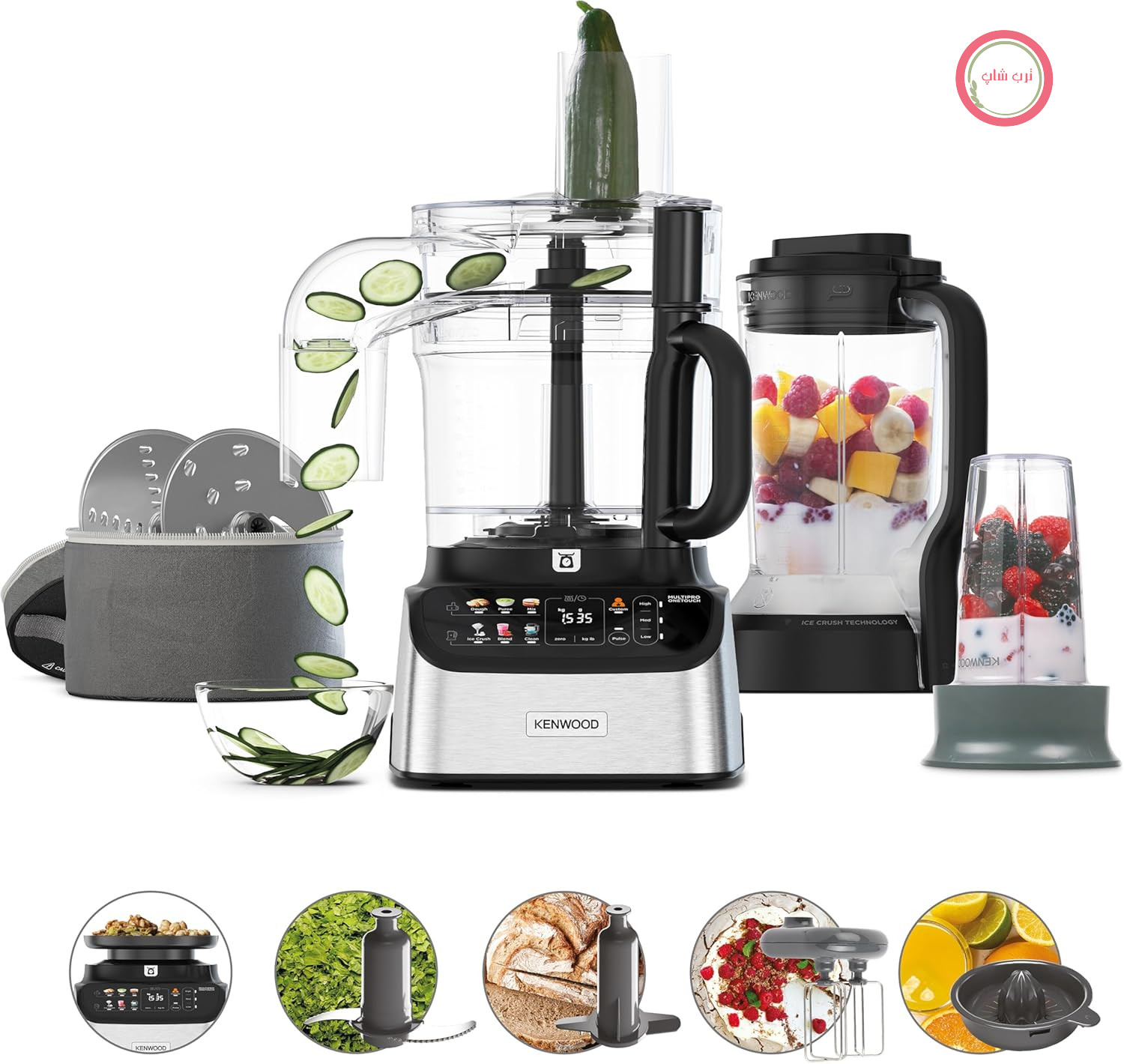 غذاساز و مخلوط کن جمع و جور Kenwood MultiPro OneTouch FDM73.850SS، 12 لوازم جانبی، 6 برنامه خودکار، سرعت متغیر و عملکرد پالس، مقیاس یکپارچه، 1000 وات، نقره‌ای