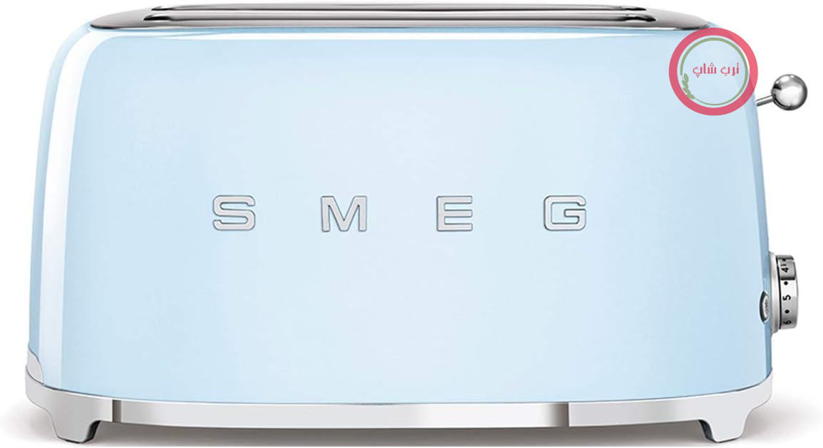 توستر Smeg 2x4 TSF02PBEU، 2 جایگاه برای 4 برش نان، 6 سطح برشته کردن، عملکرد گرمایش، عملکرد یخ‌زدایی و پخت نان شیرینی حلقوی، کشوی نگهداری، 1500 وات، آبی پاستلی
