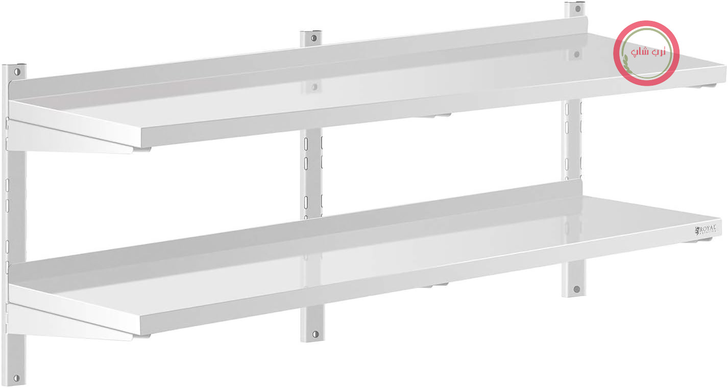 قفسه دیواری استیل رویال کترینگ آلمان RCWR-1400.4 با ۲ طبقه، ۴۰ × ۱۴۰ سانتی‌متر، قفسه استیل ضد زنگ، قفسه دیواری استیل ضد زنگ با ۲ طبقه، ۱۴۰ سانتی‌متر عرض، ۴۰ سانتی‌متر عمق، ۳.۵ سانتی‌متر ارتفاع