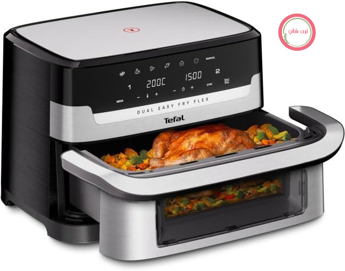 سرخ کن تفال Dual Easy Fry Flex با ظرفیت ۹ لیتر – سرخ کن بدون روغن با ۲ محفظه و قابلیت GiantZone، تقسیم کننده FlexCook، ۲۷۰۰ وات، دمای ۴۰ تا ۲۰۰ درجه سانتیگراد، ۷ برنامه، سرخ کردن کم چرب و آماده سازی همزمان ۲ غذا EY922DE0