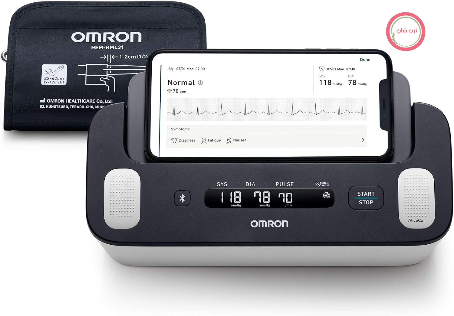 فشارسنج بازویی امرون ژاپن کامل OMRON با عملکرد ECG، 22-42 سانتی‌متر | فشارسنج با اعتبار بالینی و اپلیکیشن OMRON Connect، اندازه‌گیری فشار خون و غربالگری فیبریلاسیون دهلیزی (AFib) در خانه